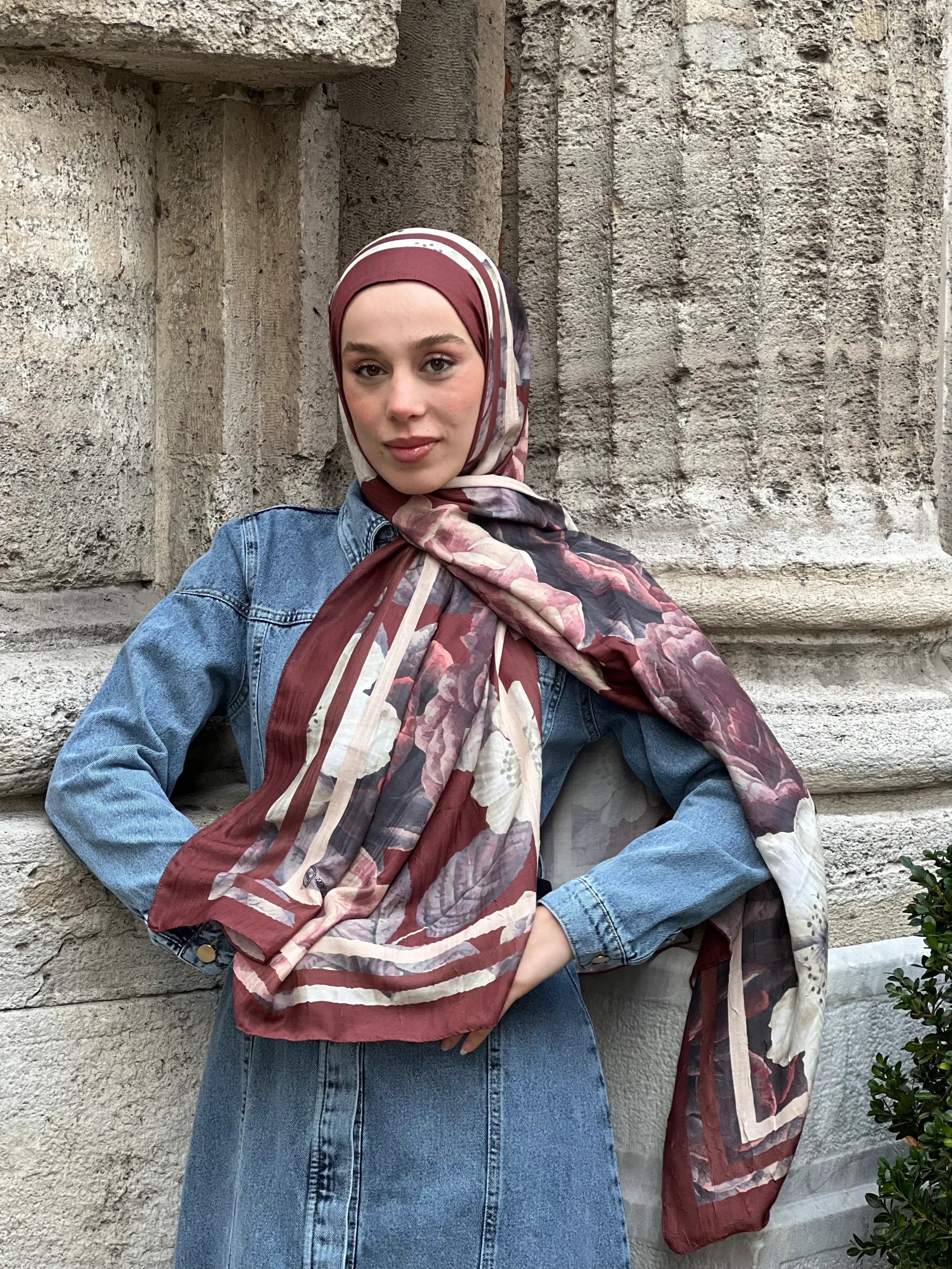 GÜL DESEN BAMBU ŞAL - BORDO