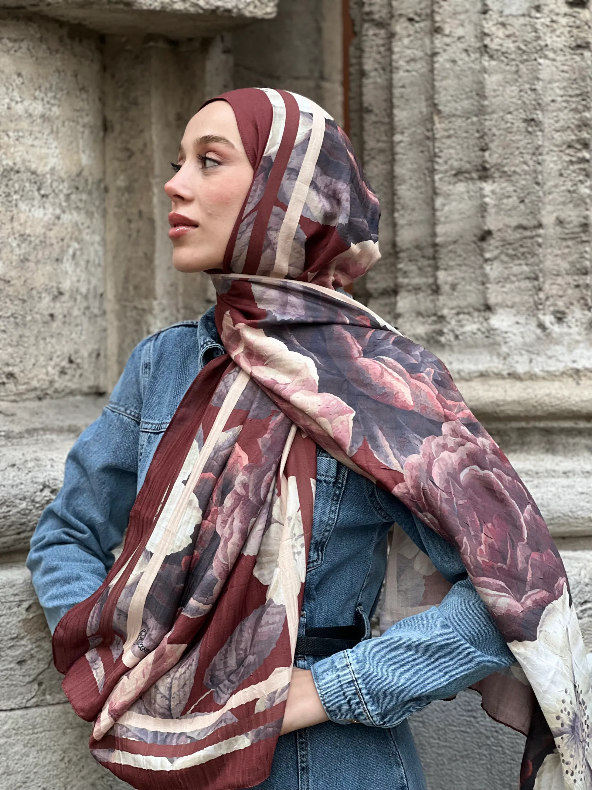 GÜL DESEN BAMBU ŞAL - BORDO