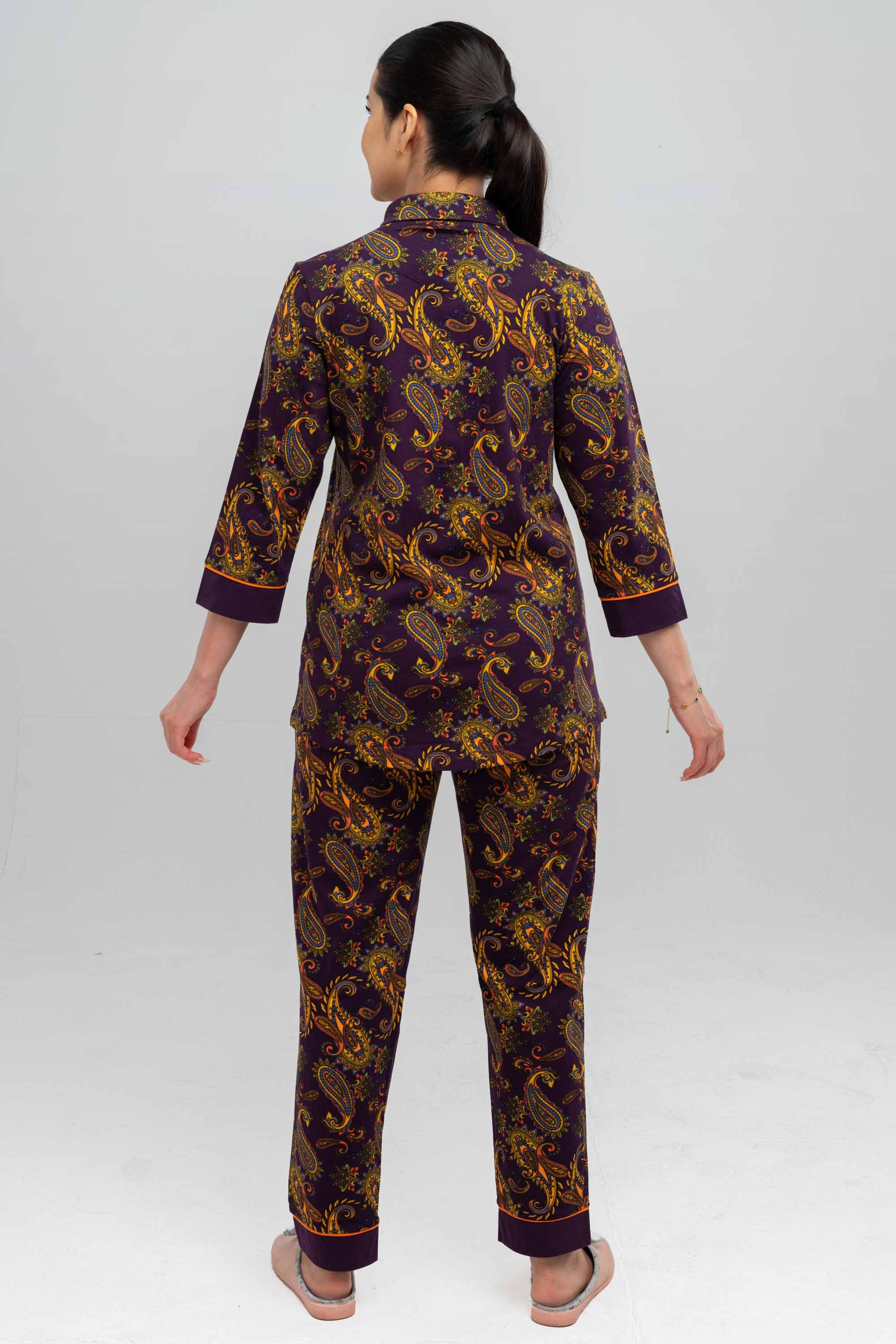 Mor Renk Şal Desenli Uzun Kol Pijama Takımı
