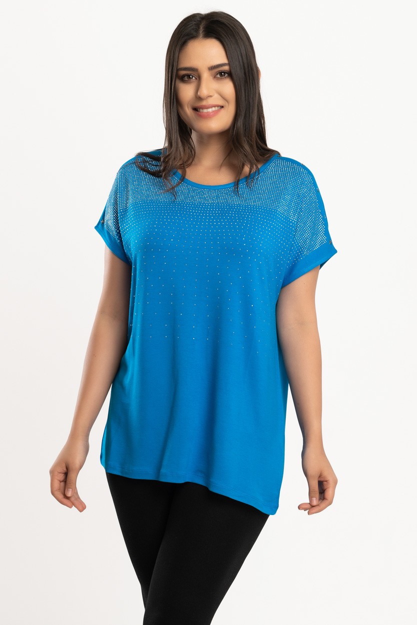 Mavi Baskılı Taş İşlemeli T-Shirt