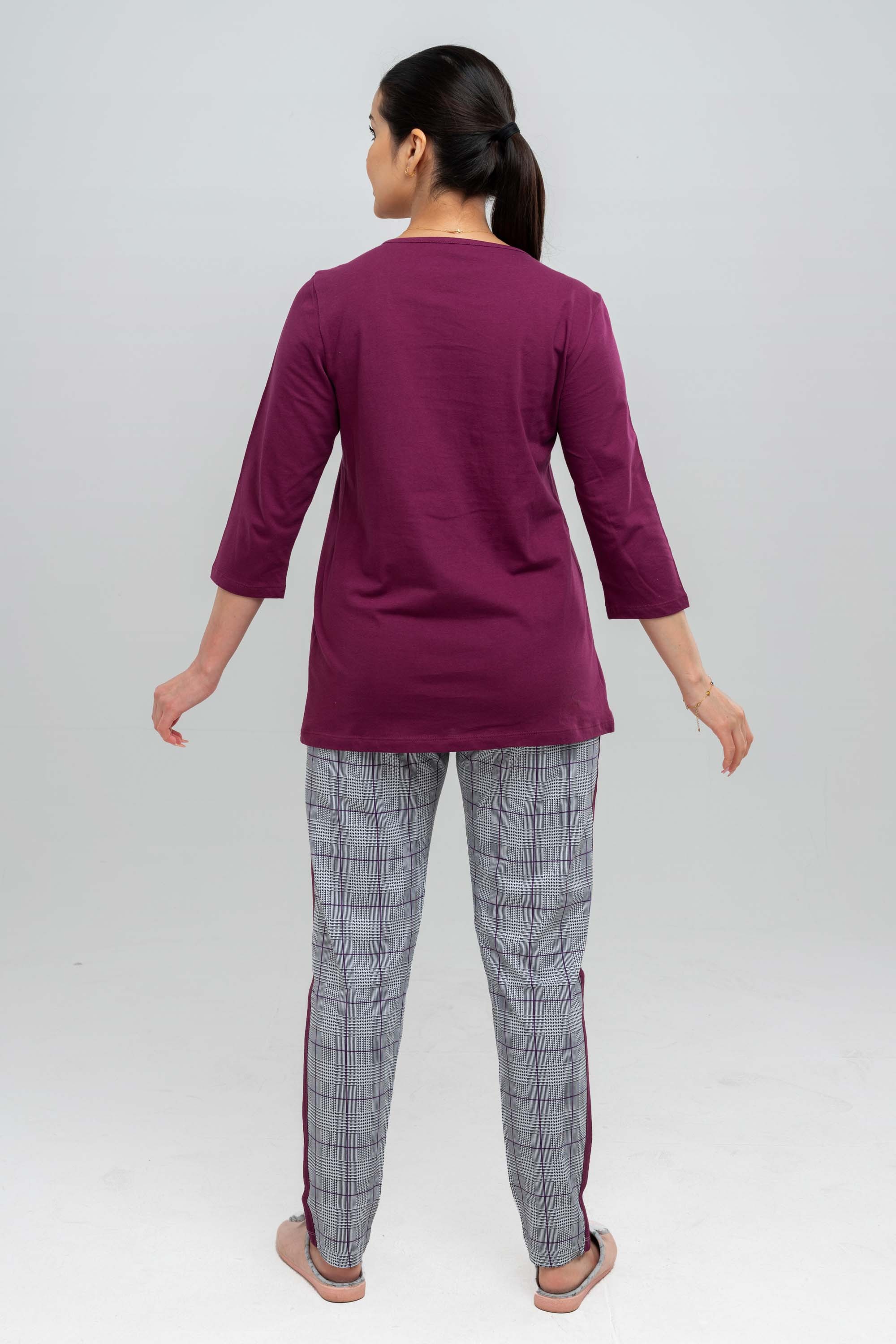 Bordo Renkli Ekose Pantolonlu Pijama Takımı