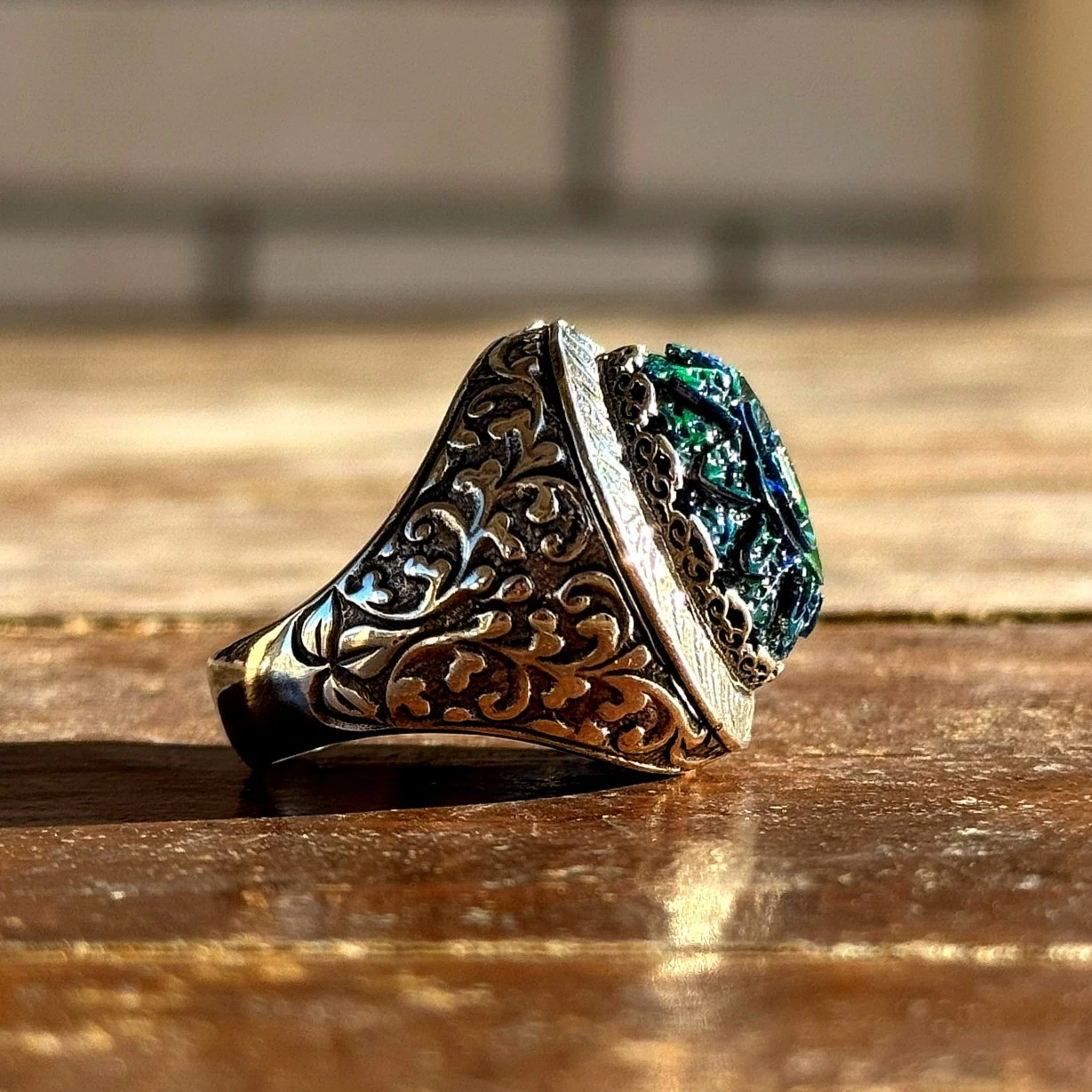 Siyah Opal Oyma Nakkaş İşçiliği 925 Ayar Gümüş Yüzük