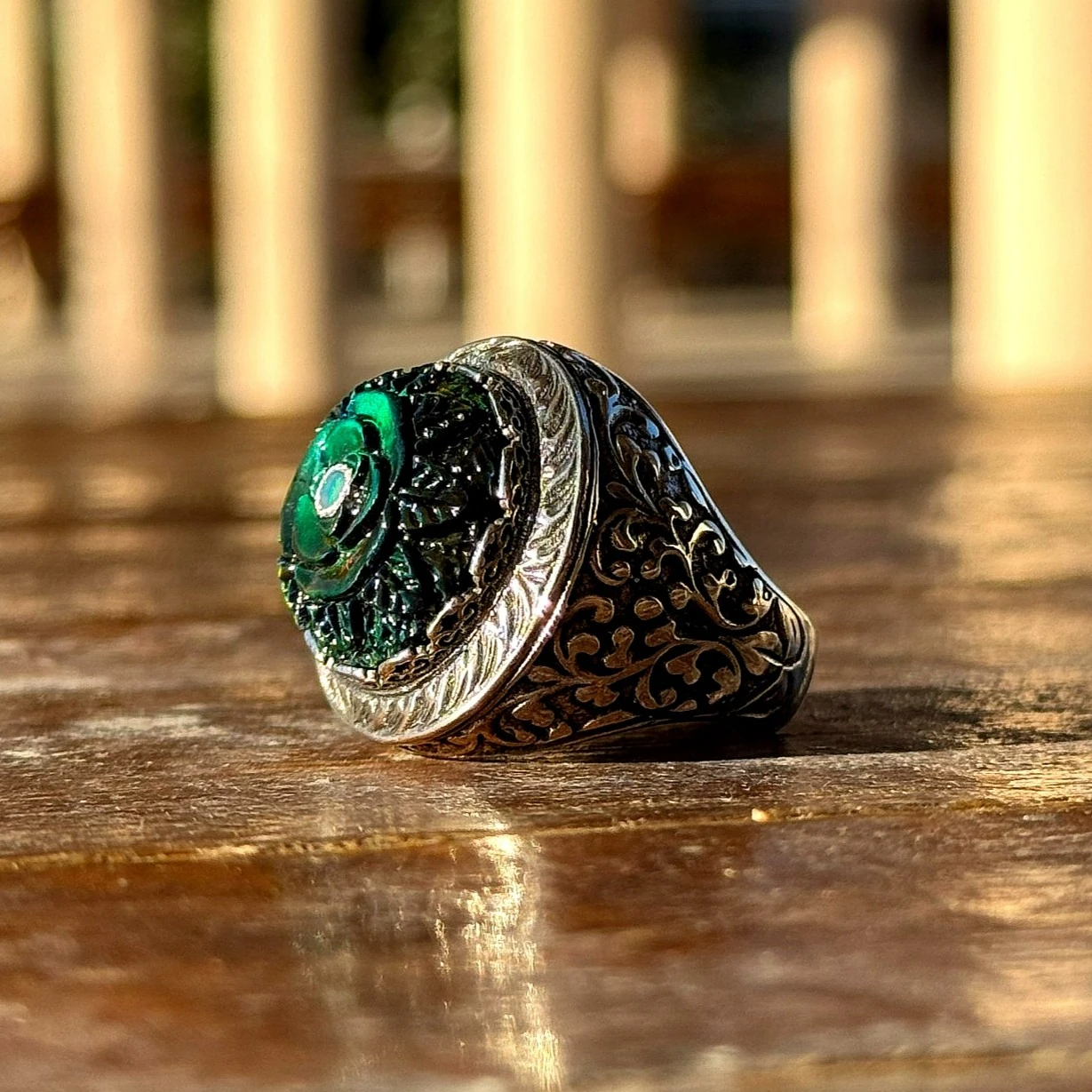 Siyah Opal Oyma Nakkaş İşçiliği 925 Ayar Gümüş Yüzük