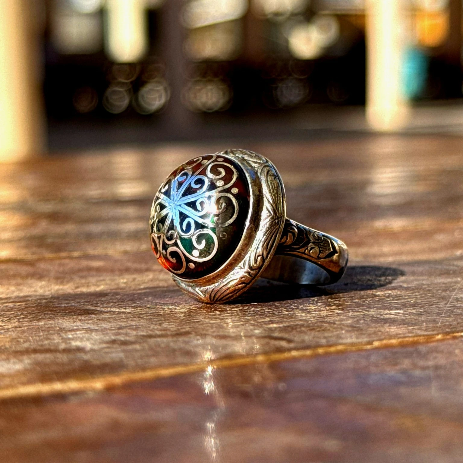 Telkari İşçilikli Siyah Opal Taşlı 925 Ayar Gümüş Yüzük