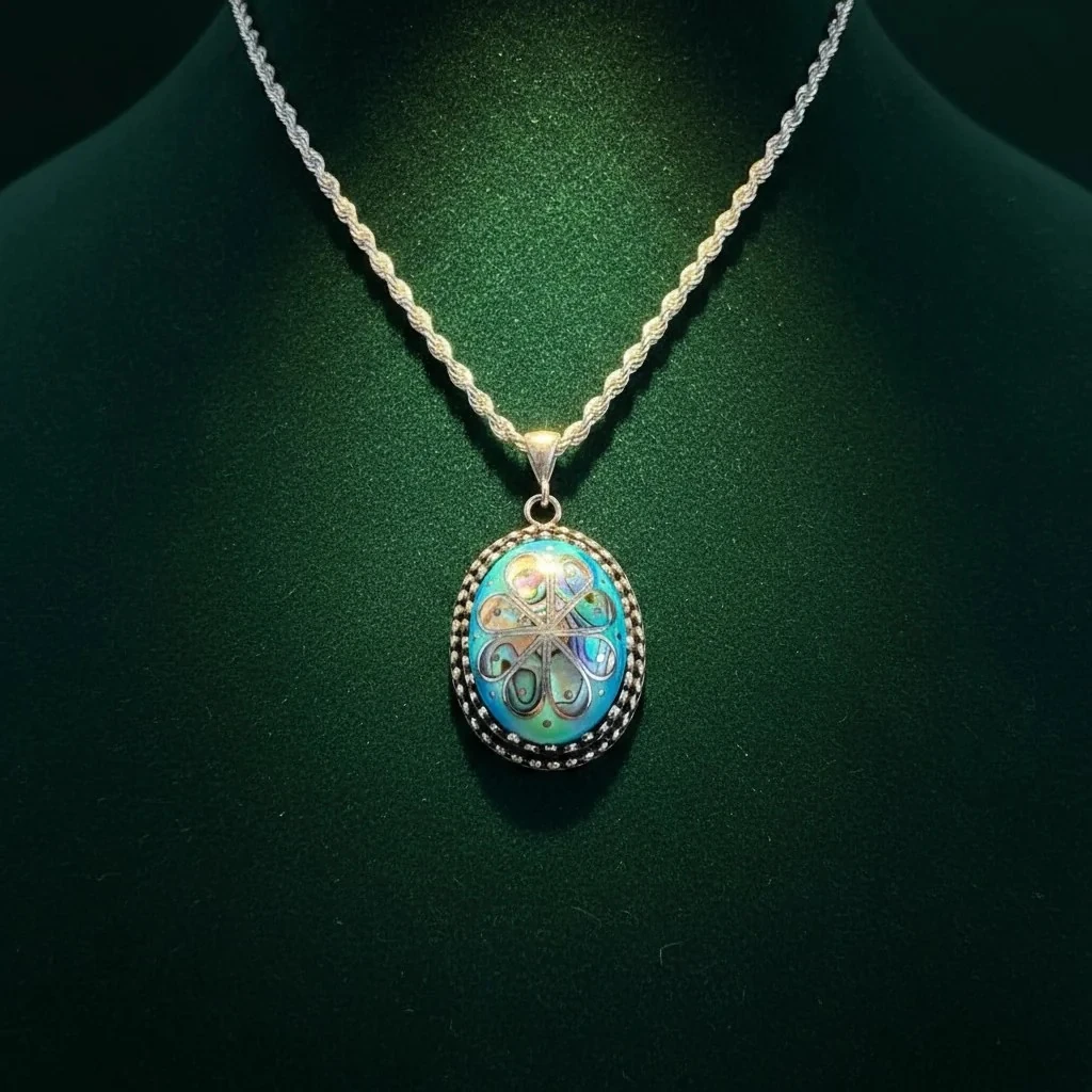 Beyaz Opal Üzeri Abalon Sedef Kakma & 1000 Ayar Gümüş Telkari Kolyе