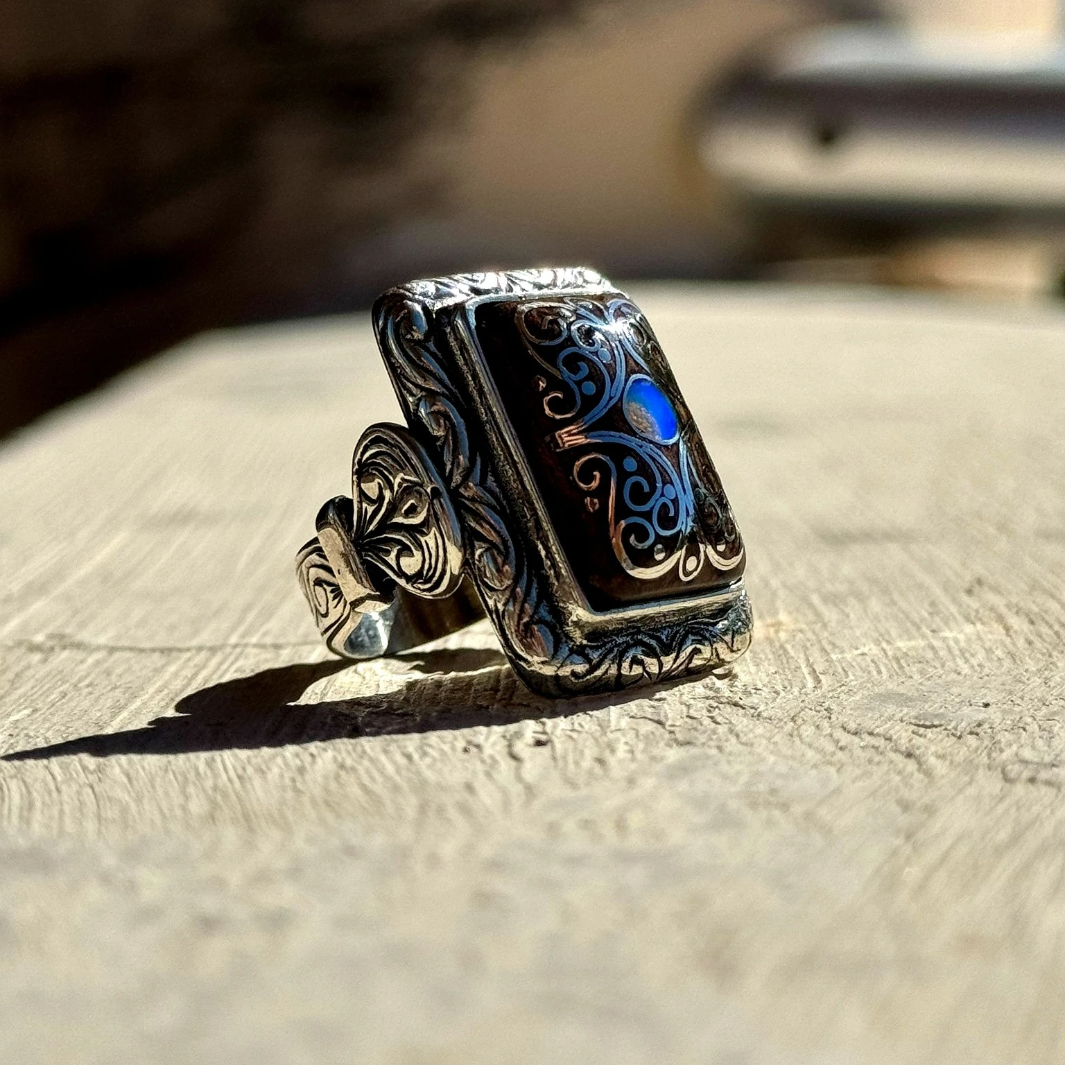 Eski Usul Telkari Opal Kakma Detaylı 925 Ayar Gümüş Yüzük