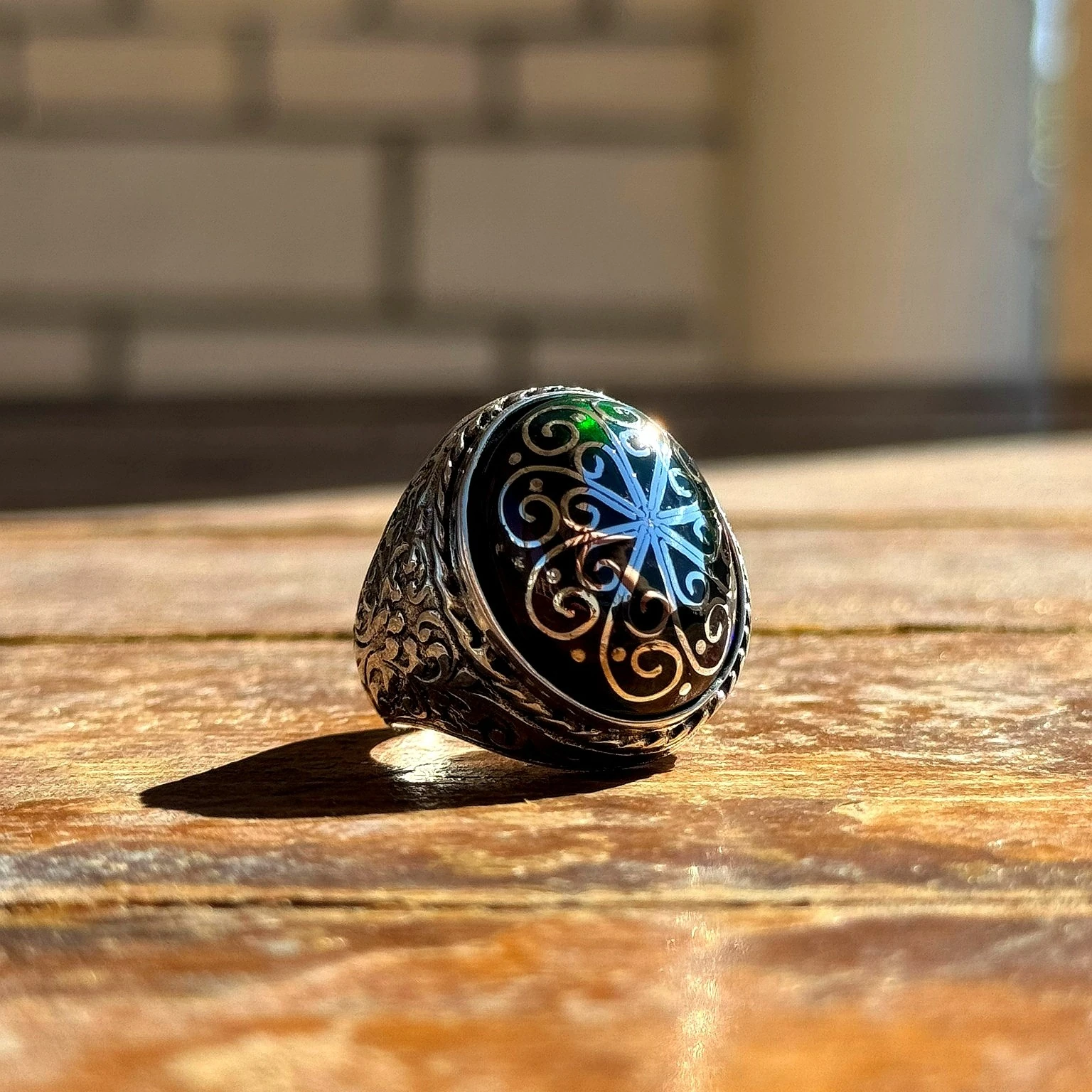 Telkari İşçilikli Siyah Opal Taşlı 925 Ayar Gümüş Yüzük