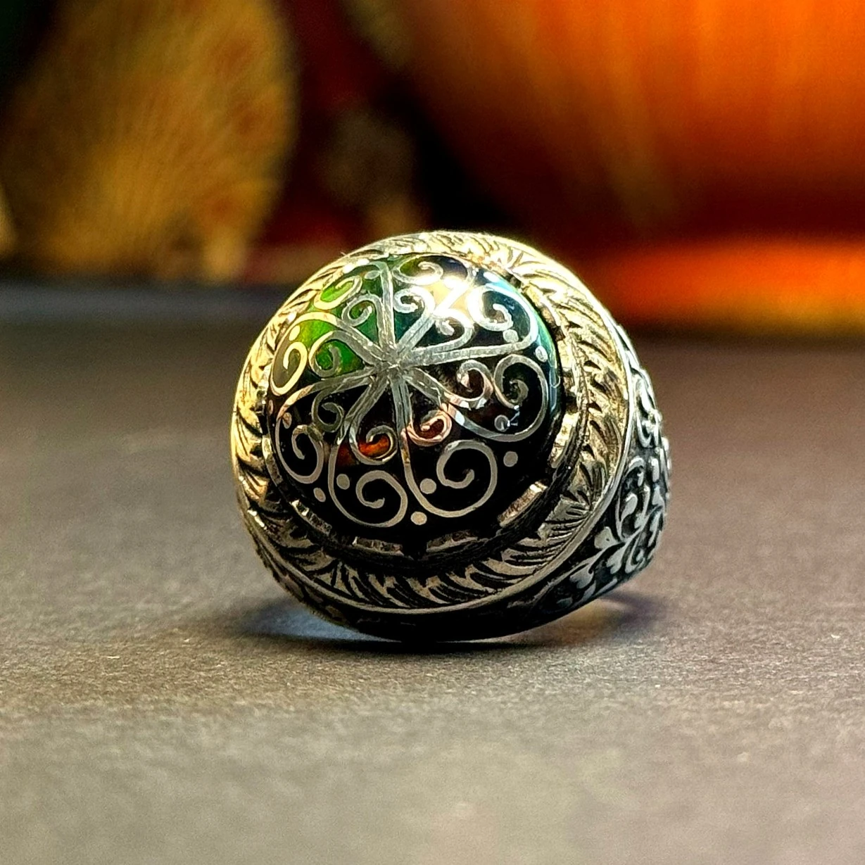 Siyah Opal Üzeri 1000 Ayar Gümüş Telkari İşlemeli Yüzük