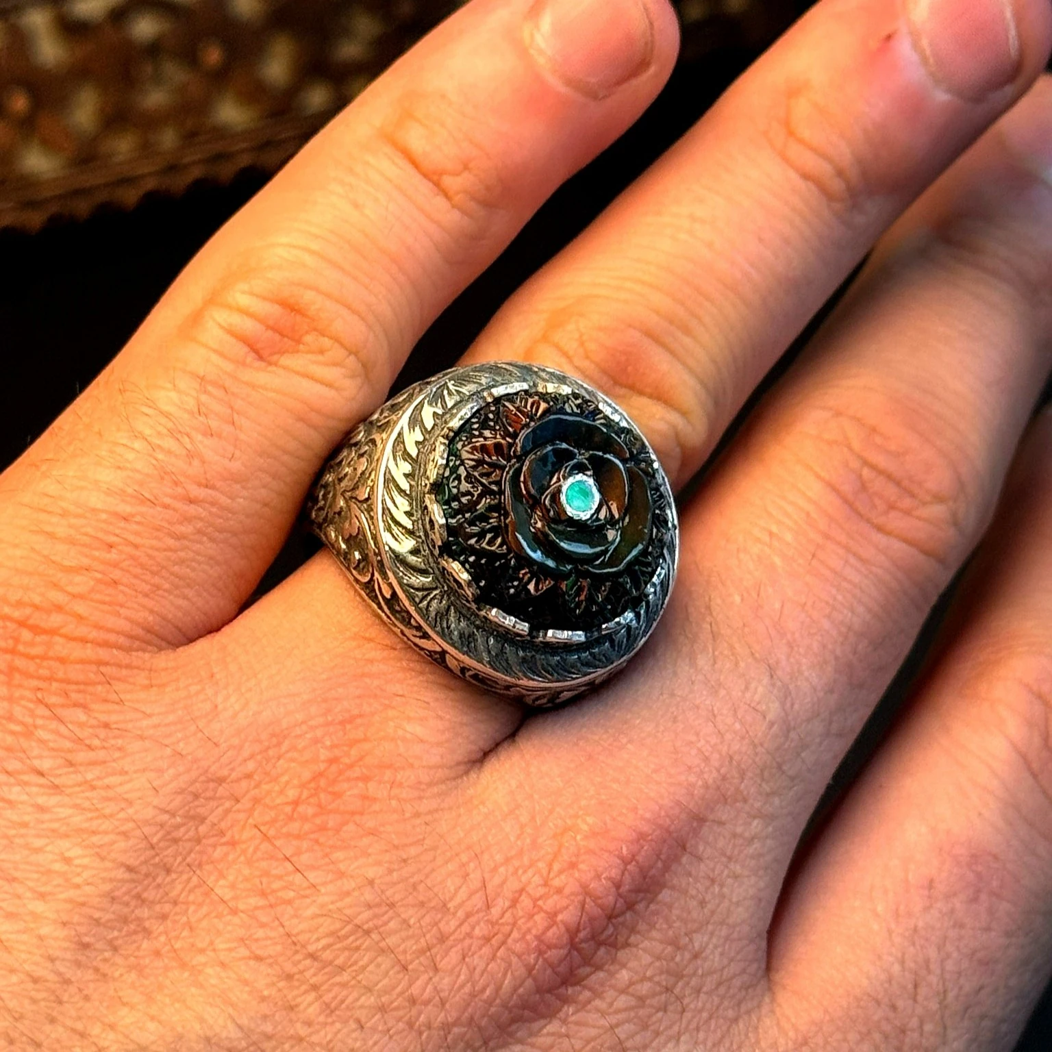 Siyah Opal Oyma Nakkaş İşçiliği 925 Ayar Gümüş Yüzük