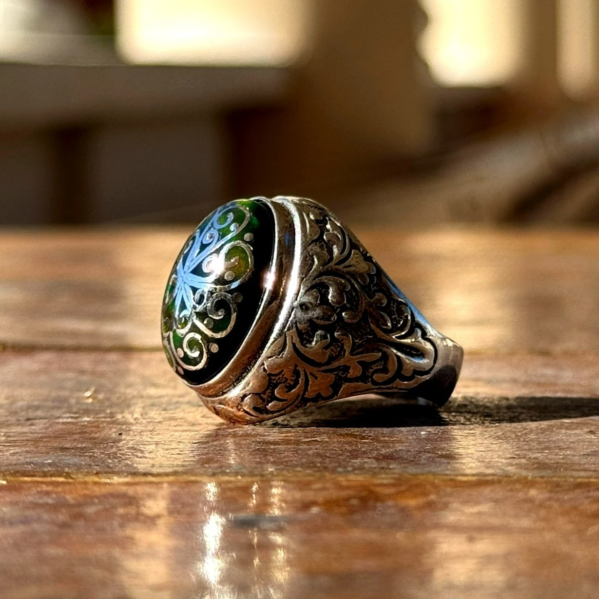 Siyah Opal Taşlı Telkari İşcilikli 925 Ayar Gümüş Yüzük