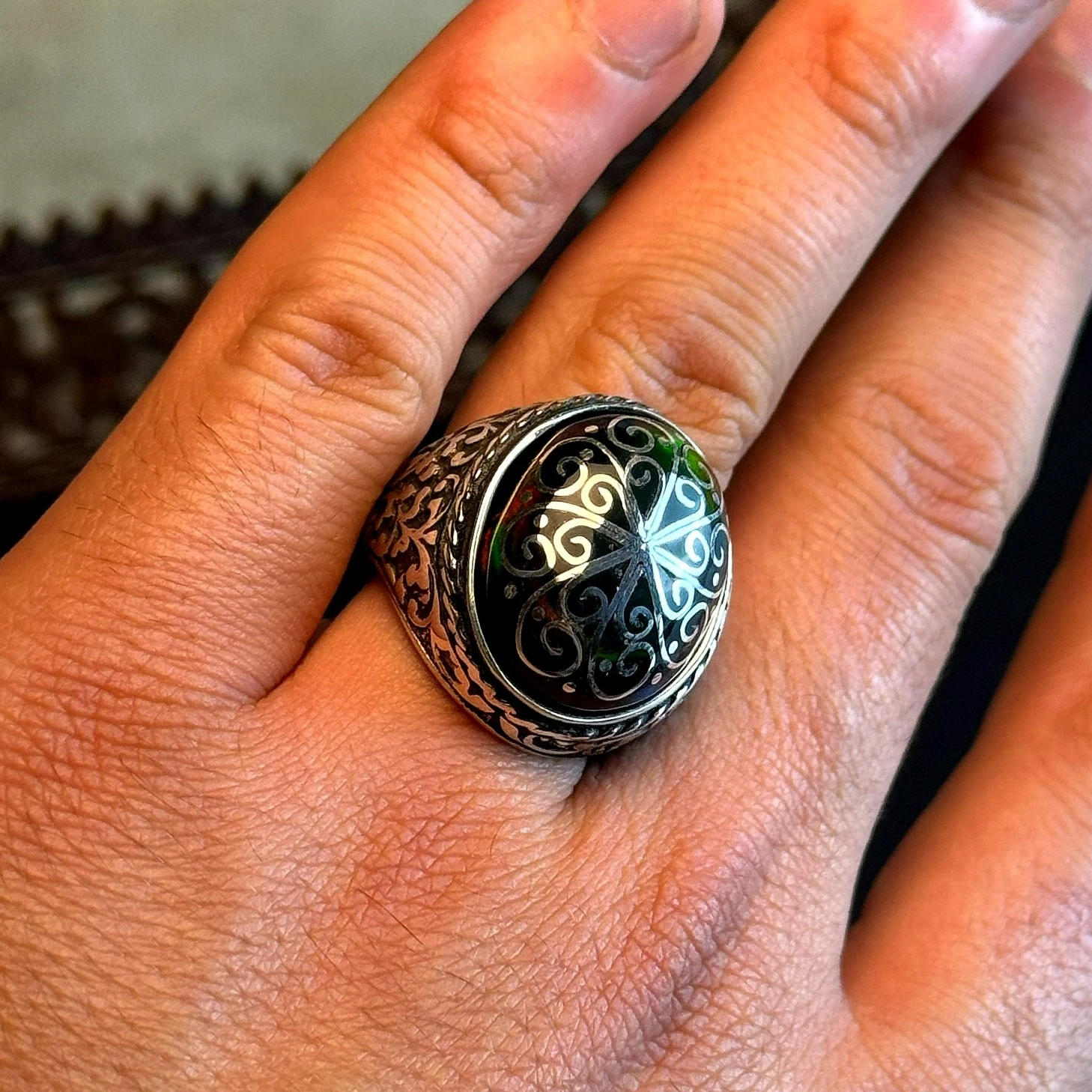 Telkari İşçilikli Siyah Opal Taşlı 925 Ayar Gümüş Yüzük