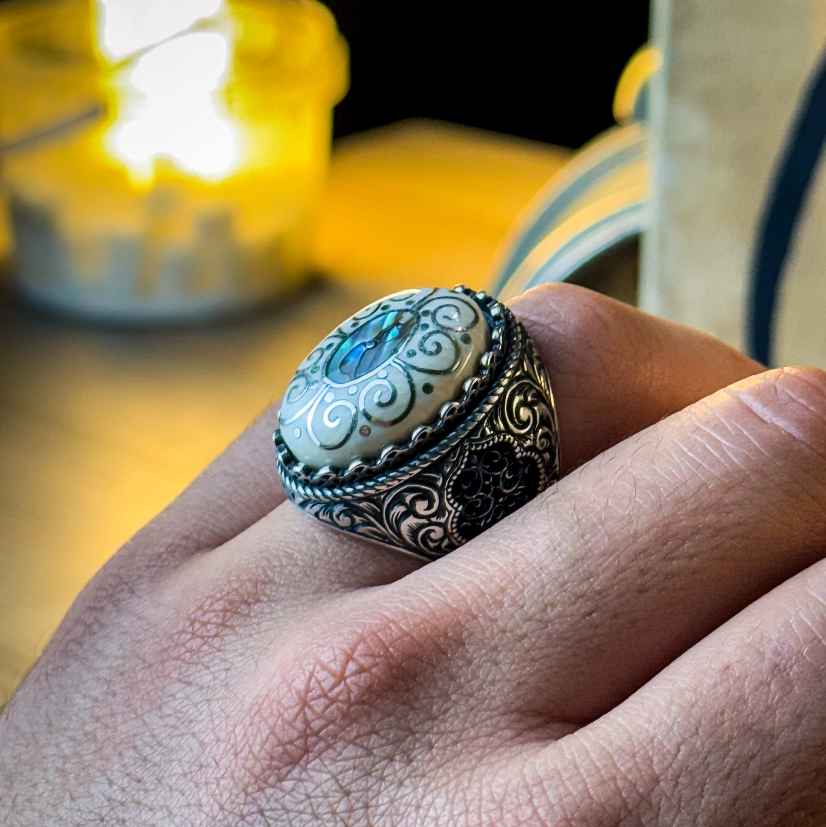 Abalon Sedef Kakma Telkari İşçilikli 925 Ayar Gümüş Yüzük