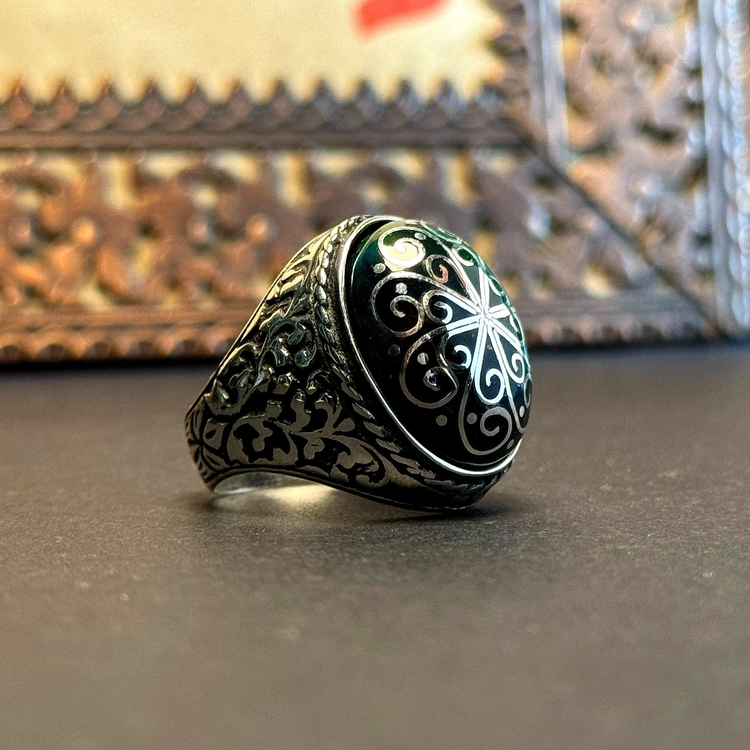 Telkari İşçilikli Siyah Opal Taşlı 925 Ayar Gümüş Yüzük