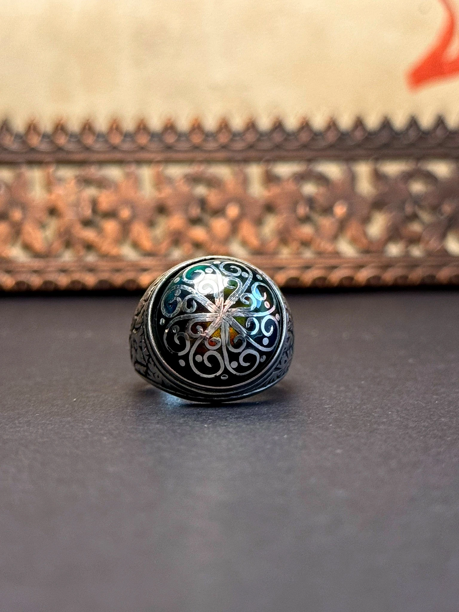 Siyah Opal Telkari İşcilikli 925 Ayar Gümüş Yüzük