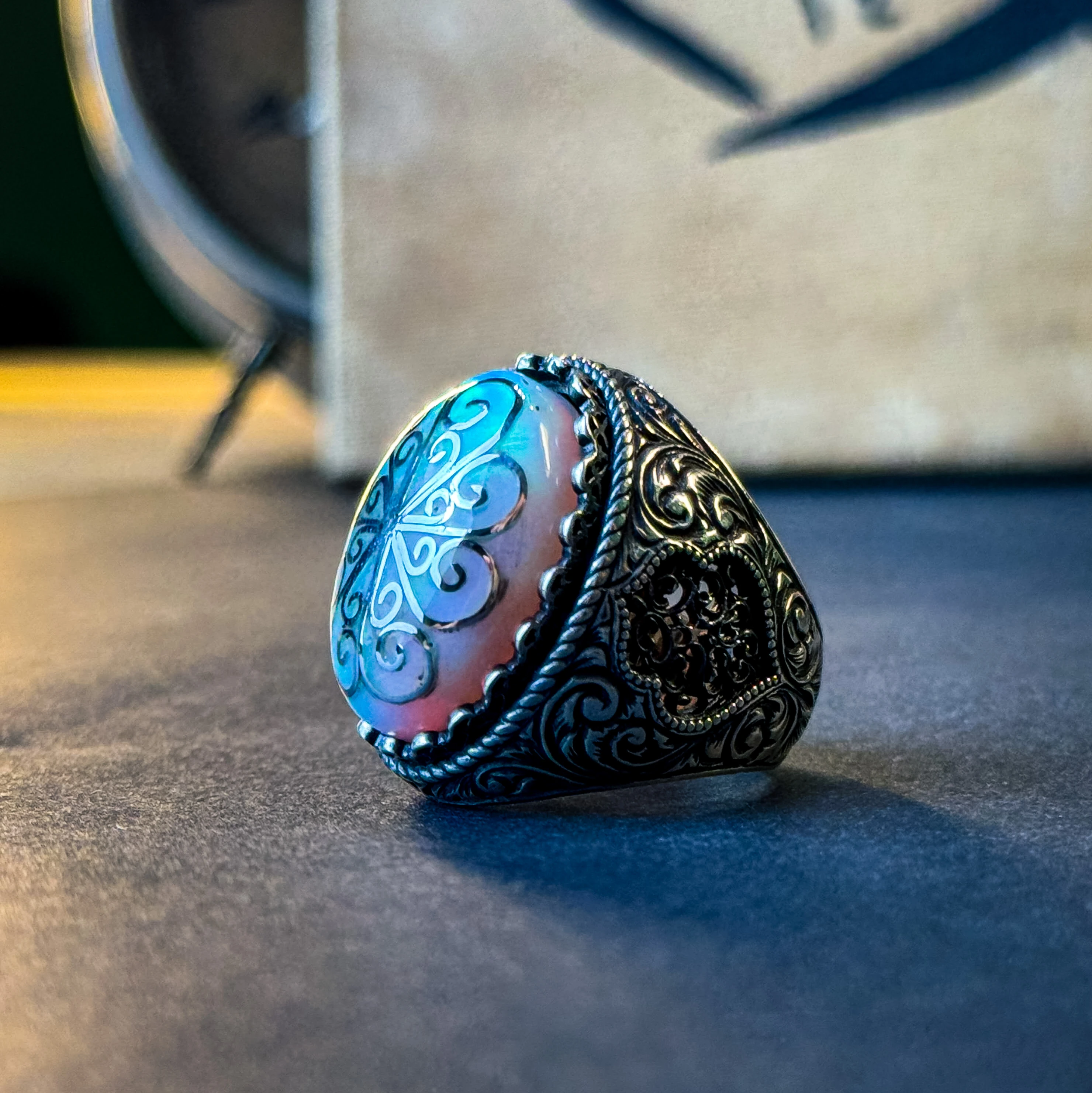 Opal Taşı Telkari İşlemeli 925 Ayar Gümüş Yüzük