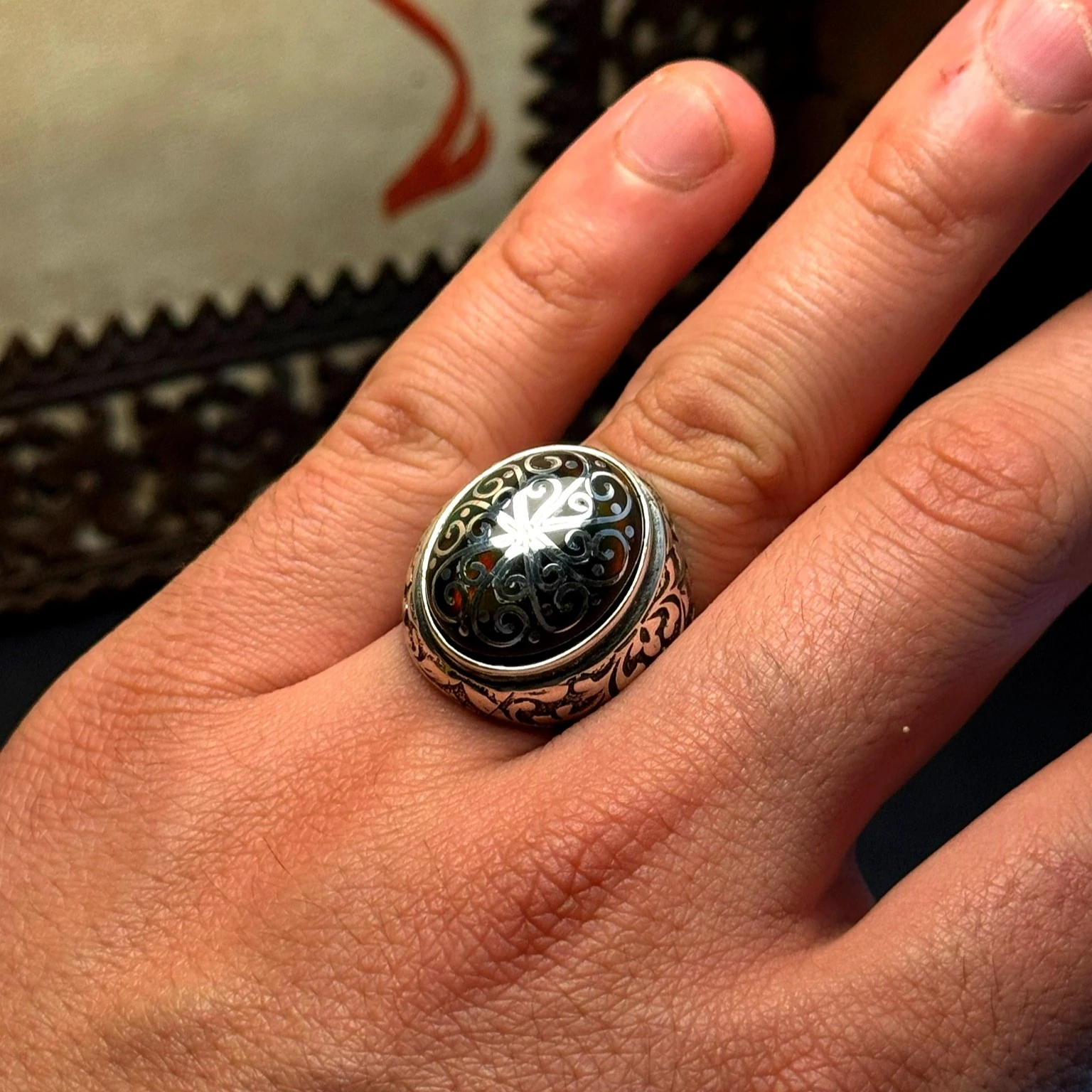 Siyah Opal Taşlı Telkari İşcilikli 925 Ayar Gümüş Yüzük