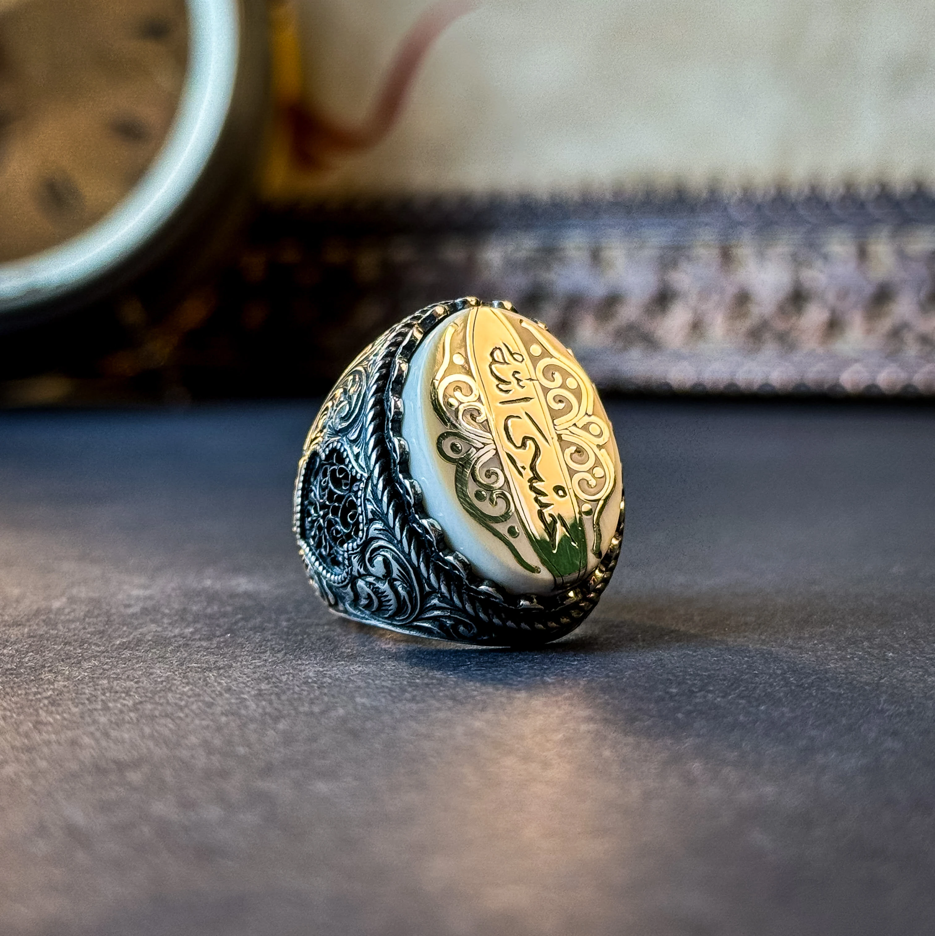 Hasbiyallah Yazılı Kalem ve Telkari İşçilikli 925 Ayar Gümüş Yüzük