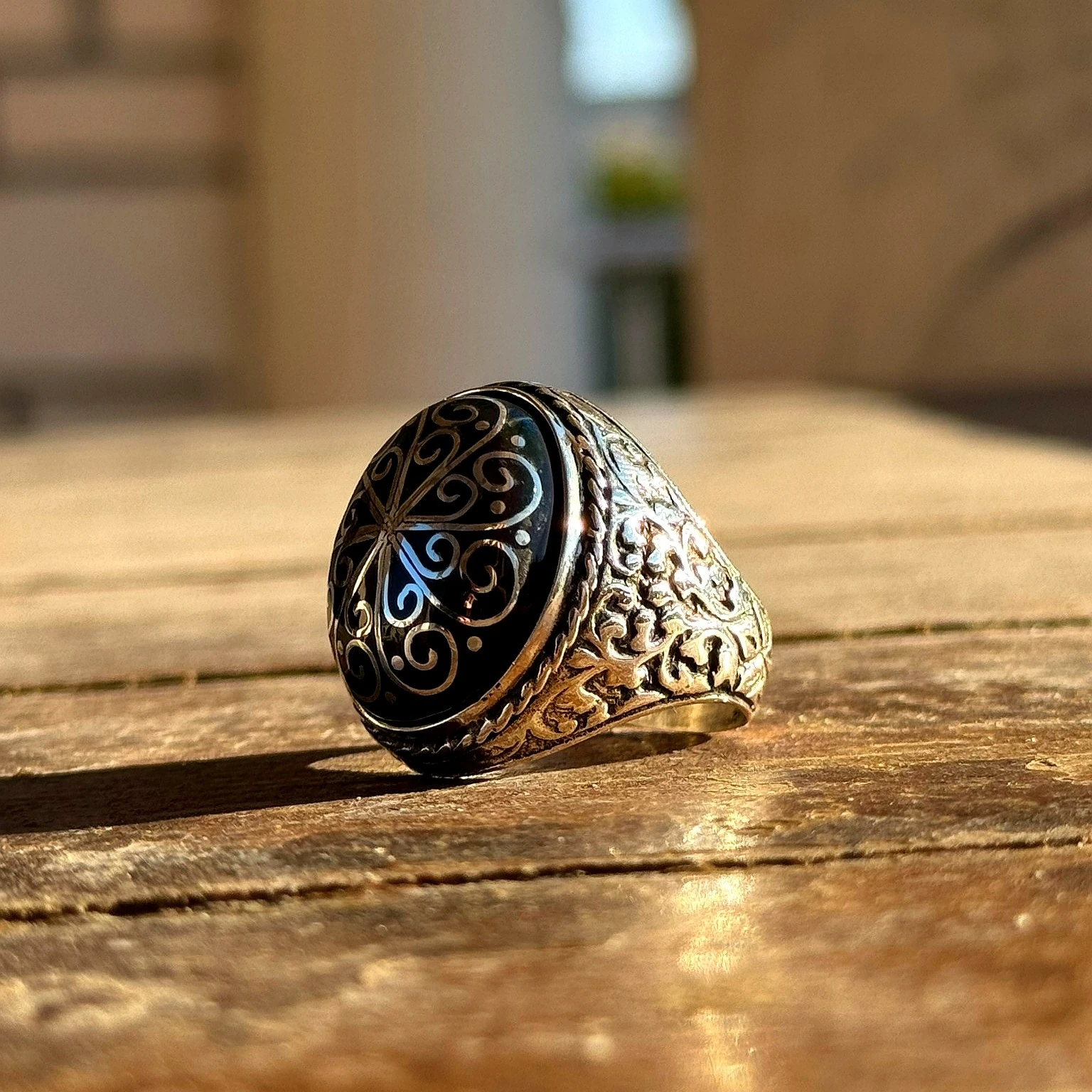 Telkari İşçilikli Siyah Opal Taşlı 925 Ayar Gümüş Yüzük