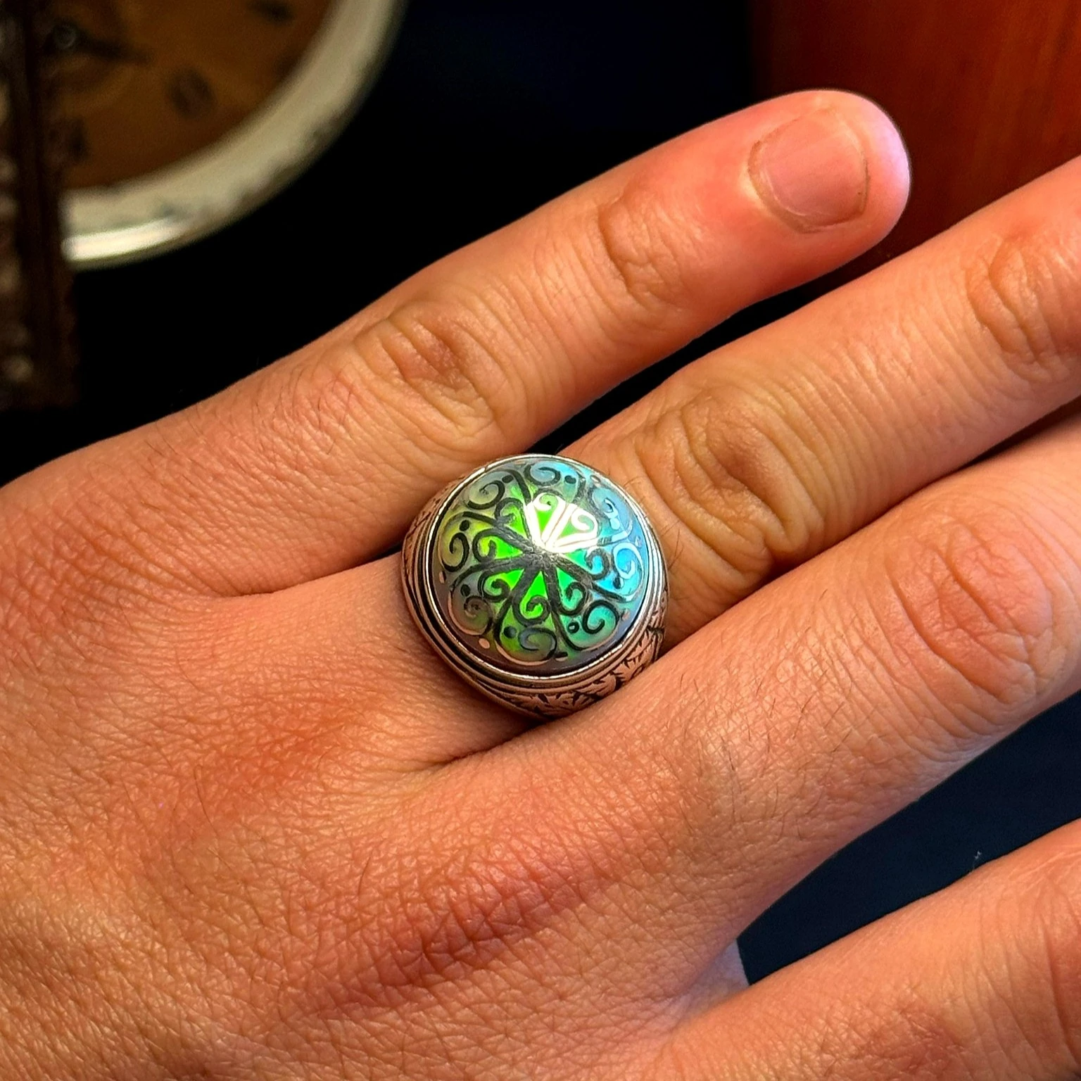 Telkari İşcilikli Beyaz Opal 925 Ayar Gümüş Yüzük