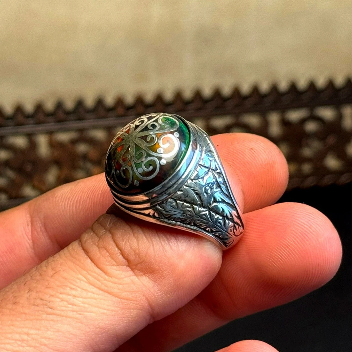 Siyah Opal Telkari İşcilikli 925 Ayar Gümüş Yüzük