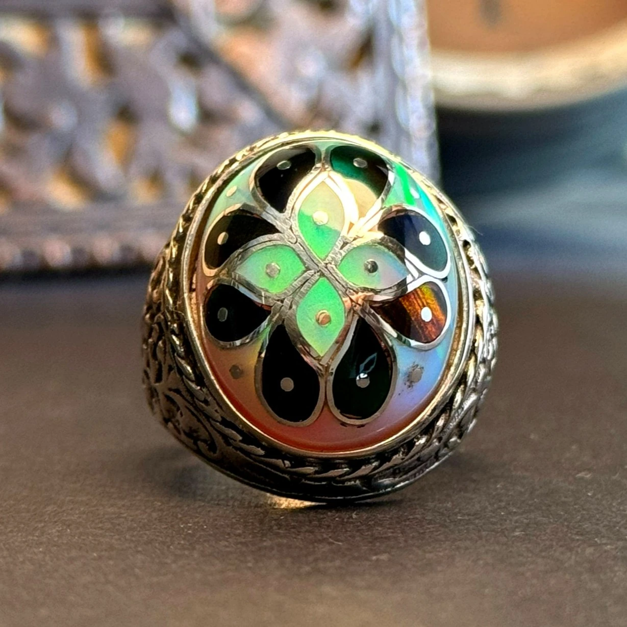 Kakma Telkari İşçilikli Opal Taşlı 925 Ayar Gümüş Yüzük 