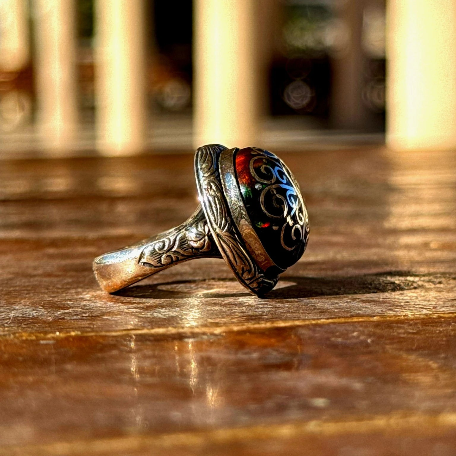 Telkari İşçilikli Siyah Opal Taşlı 925 Ayar Gümüş Yüzük