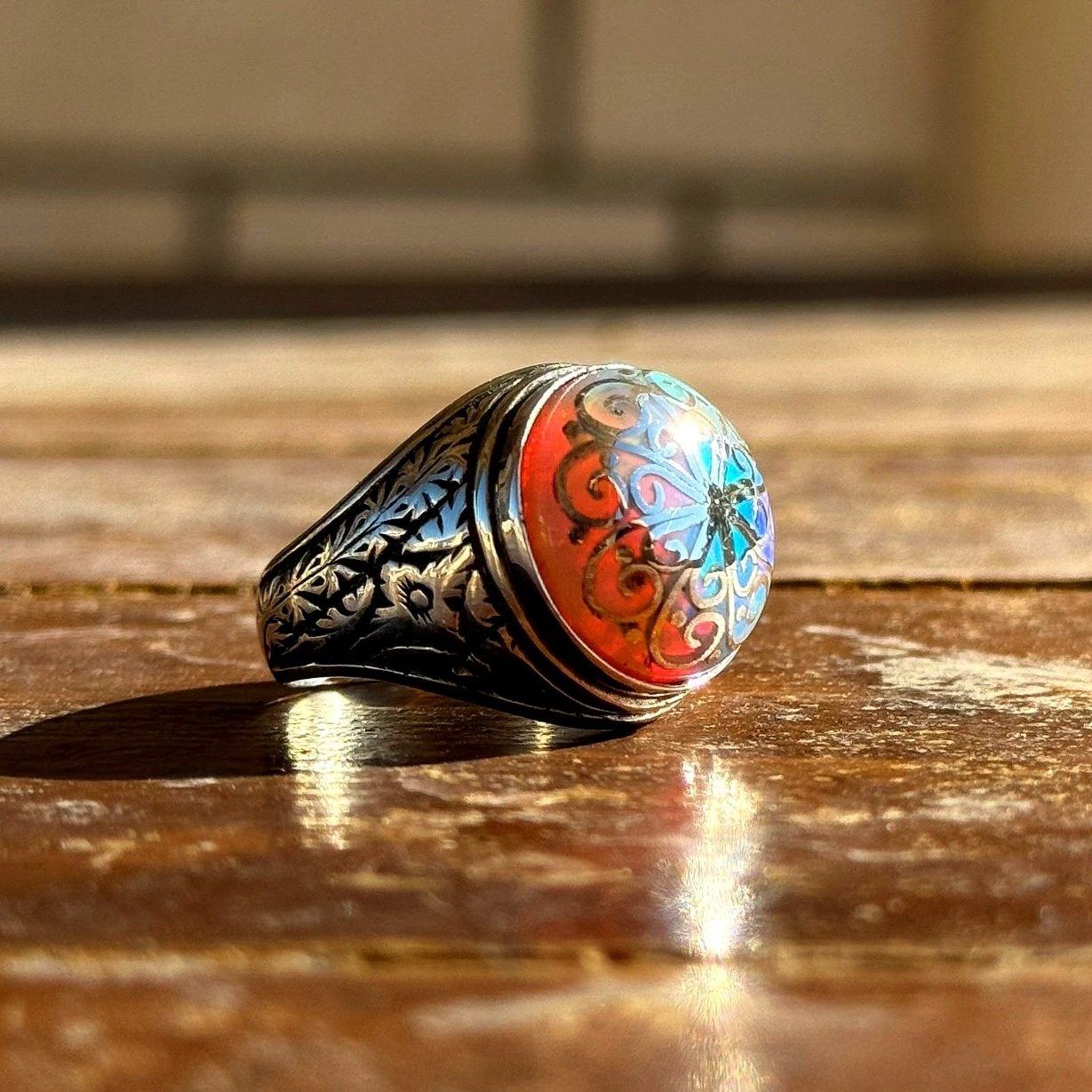 Telkari İşcilikli Beyaz Opal 925 Ayar Gümüş Yüzük