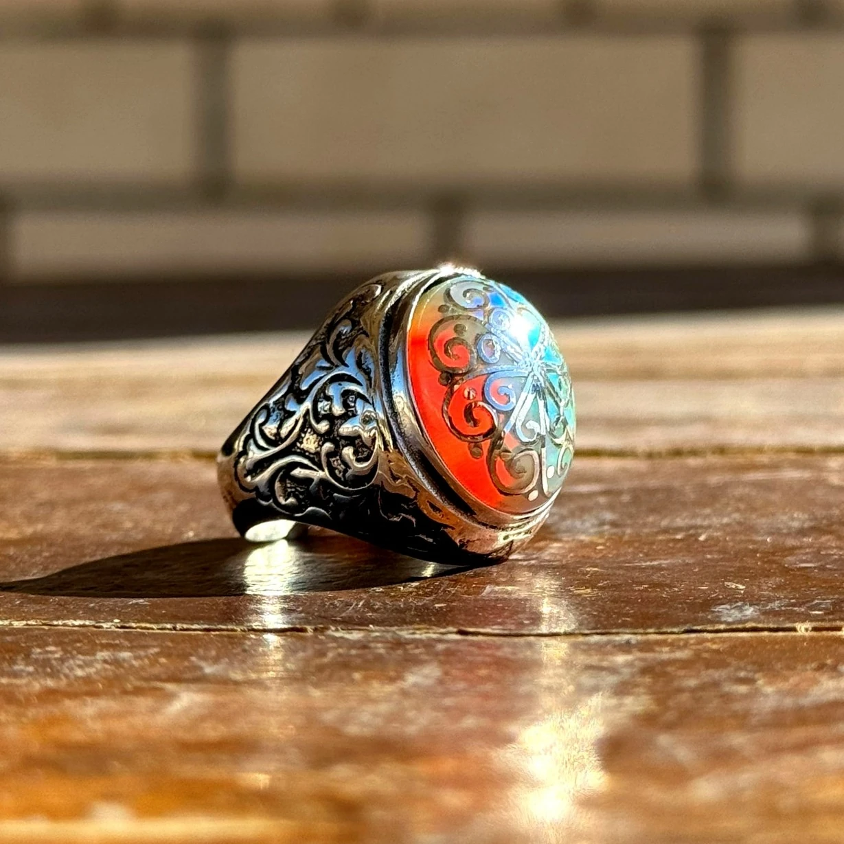 Beyaz Opal Taşlı Telkari Motifli 925 Ayar Gümüş Yüzük