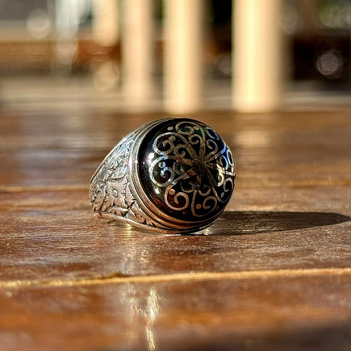 Siyah Opal Telkari İşcilikli 925 Ayar Gümüş Yüzük