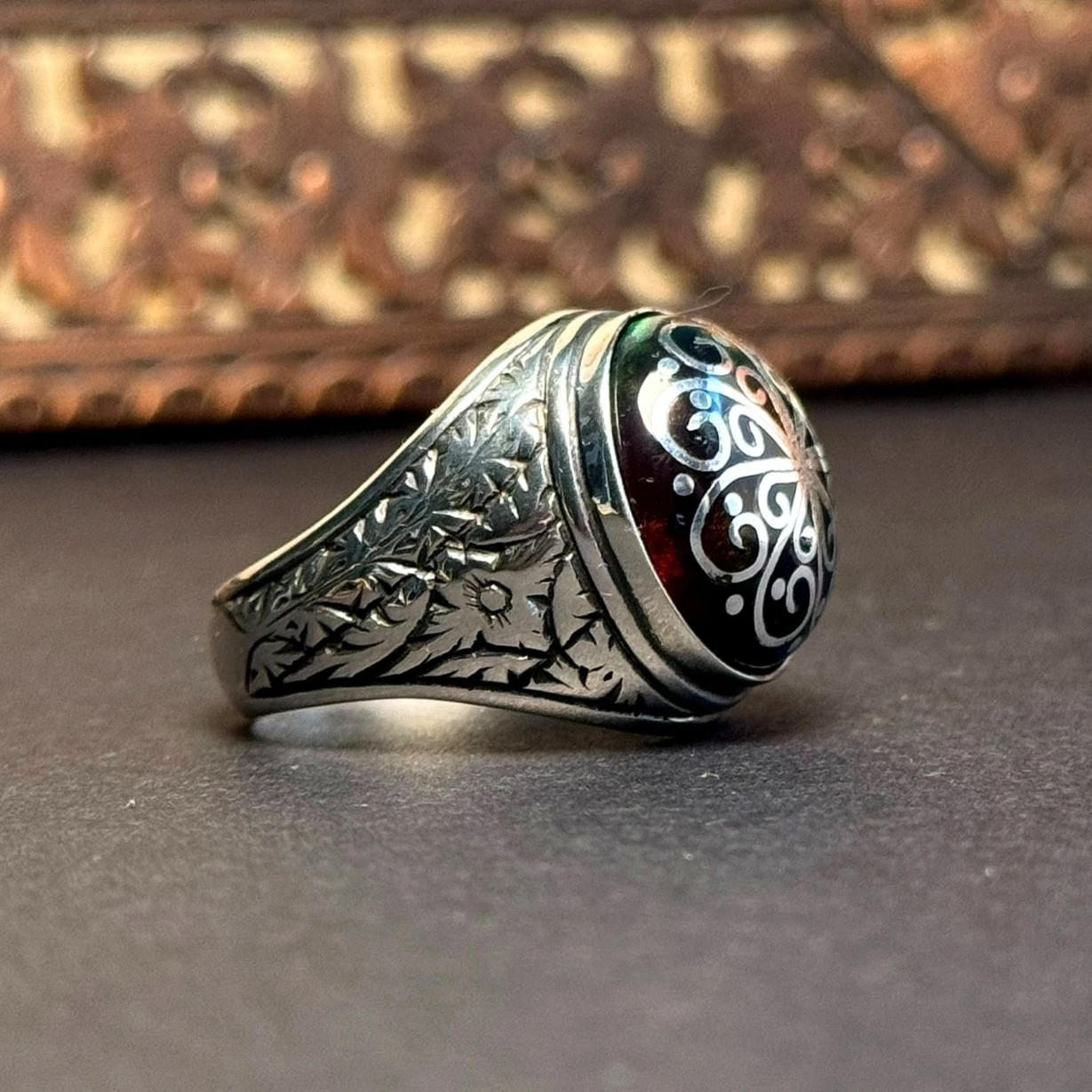 Siyah Opal Telkari İşcilikli 925 Ayar Gümüş Yüzük