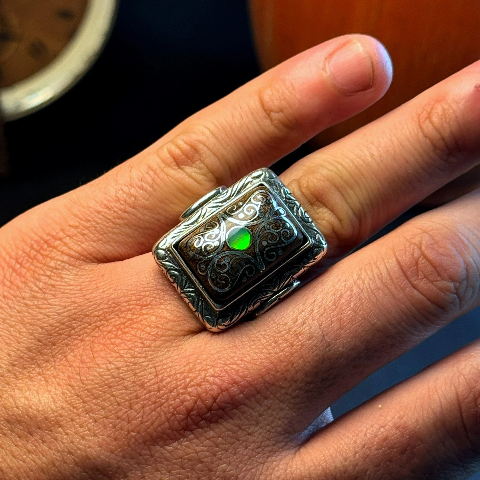 Eski Usul Telkari Opal Kakma Detaylı 925 Ayar Gümüş Yüzük