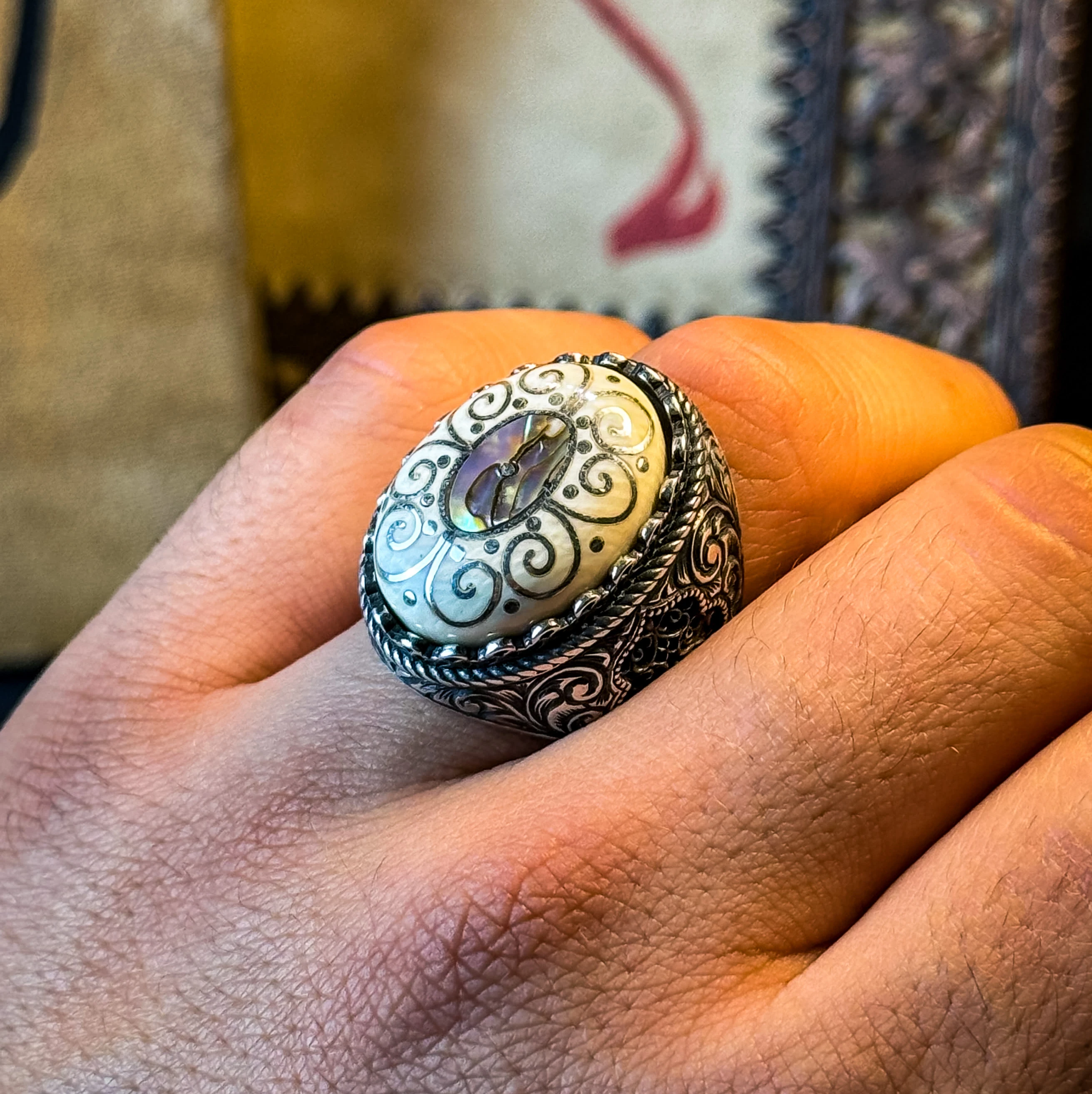 Abalon Sedef Kakma Telkari İşçilikli 925 Ayar Gümüş Yüzük