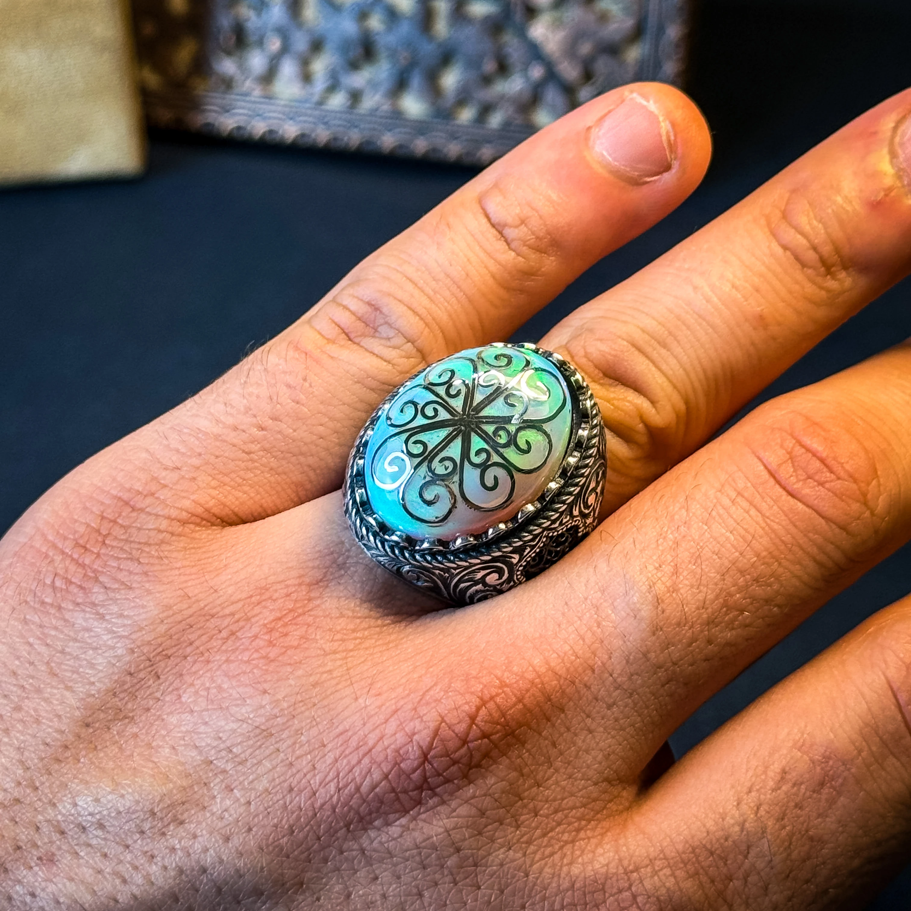 Opal Taşı Telkari İşlemeli 925 Ayar Gümüş Yüzük