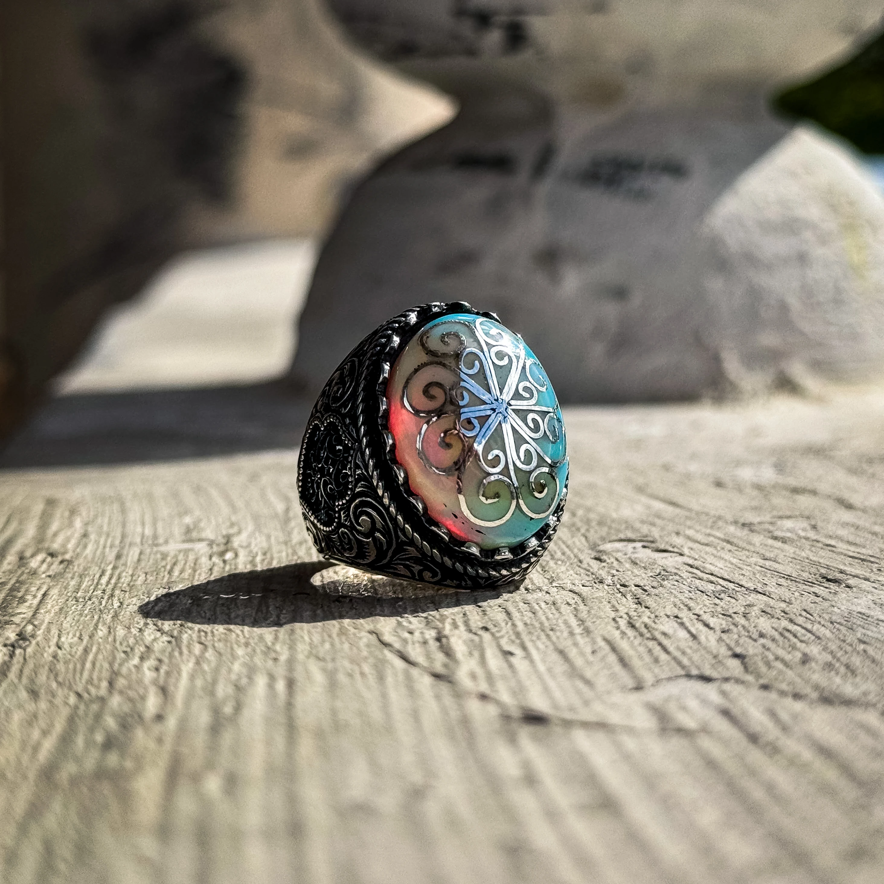 Opal Taşı Telkari İşlemeli 925 Ayar Gümüş Yüzük