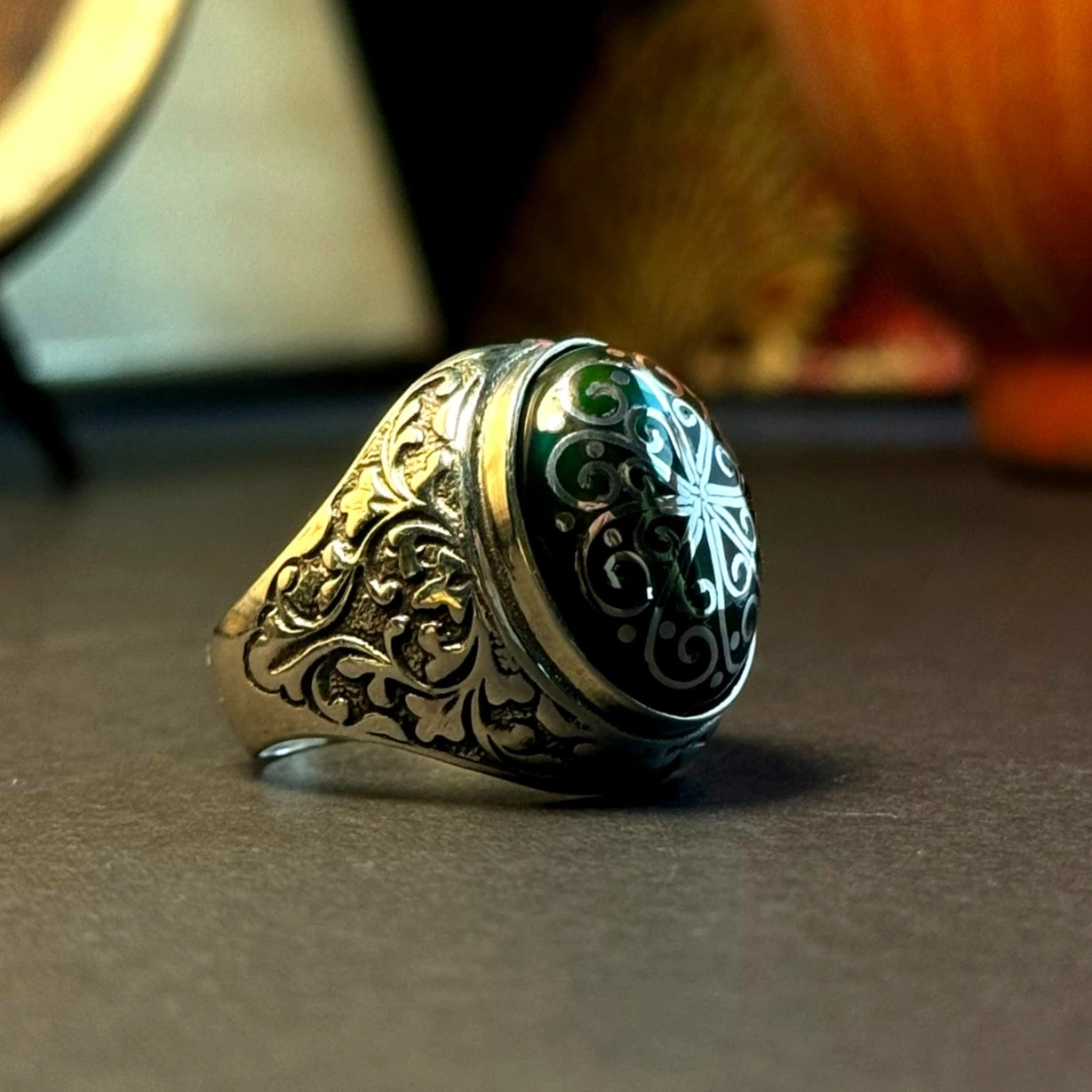 Siyah Opal Taşlı Telkari İşcilikli 925 Ayar Gümüş Yüzük