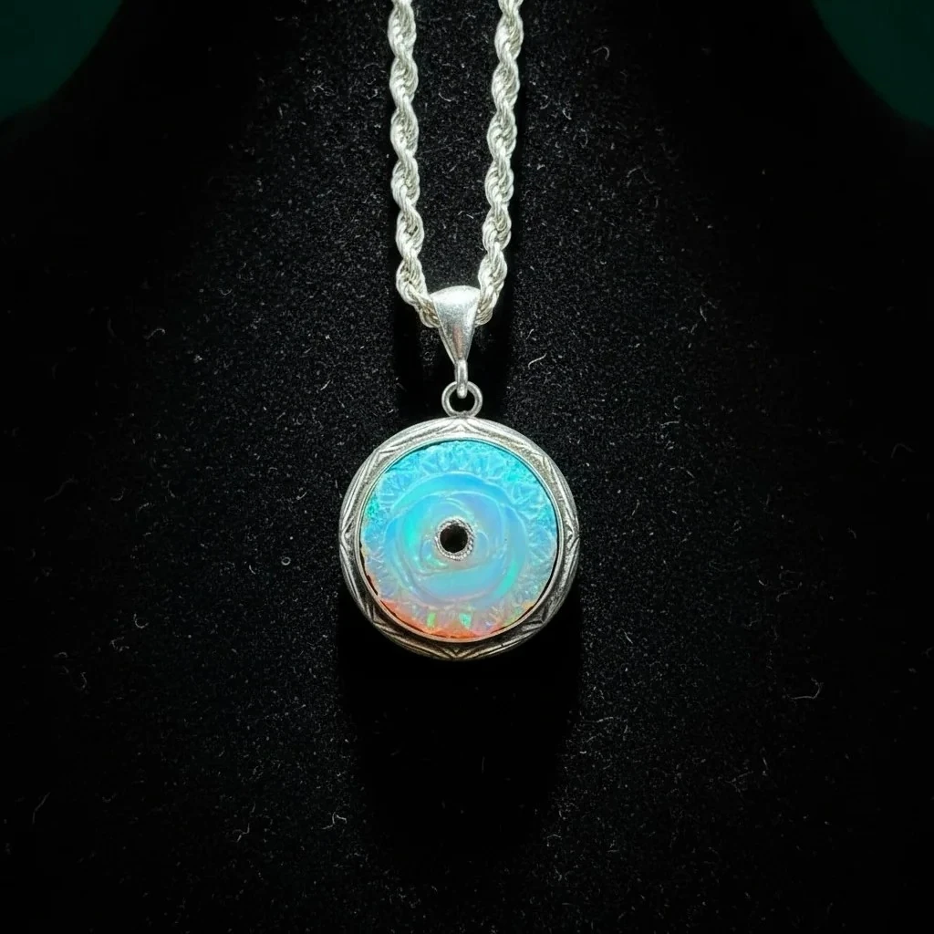 Beyaz Opal Nakkaş İşçilikli 925 Ayar Gravür Desenli Gümüş Kolye