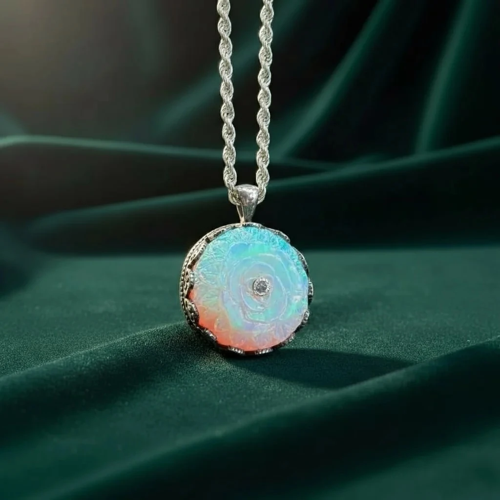 Beyaz Opal Nakkaş İşçilikli 925 Ayar Gravür Desenli Gümüş Kolye