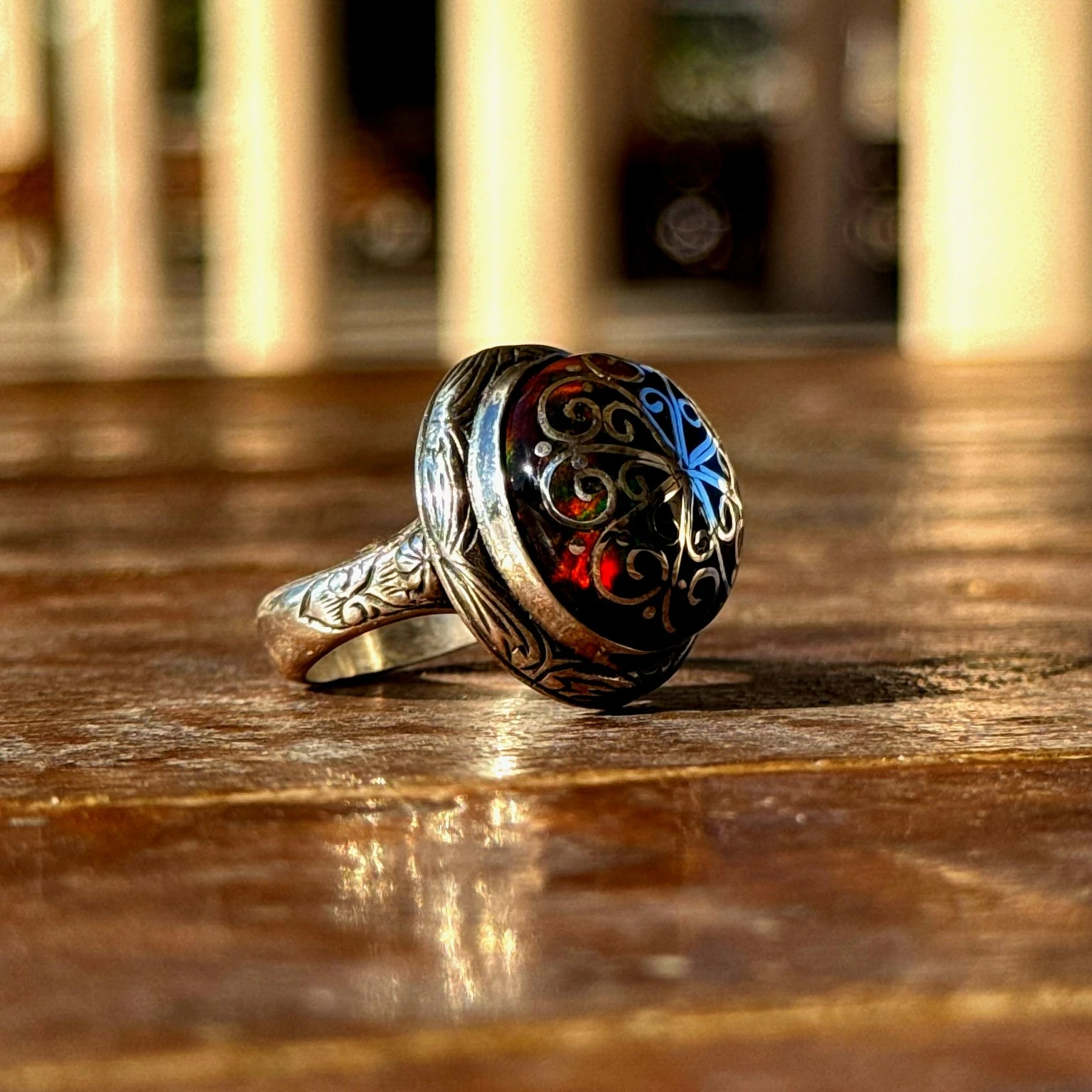 Telkari İşçilikli Siyah Opal Taşlı 925 Ayar Gümüş Yüzük