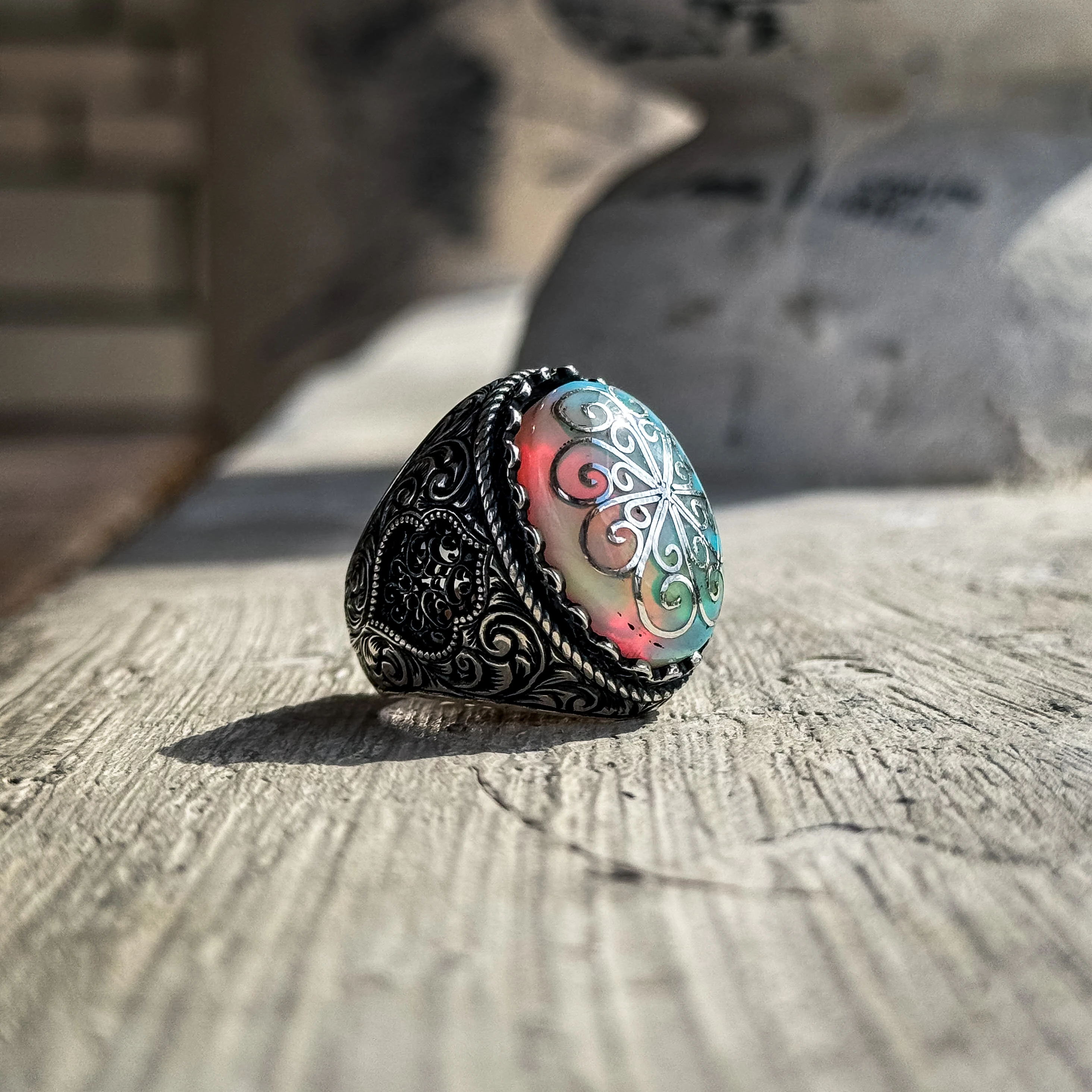 Opal Taşı Telkari İşlemeli 925 Ayar Gümüş Yüzük