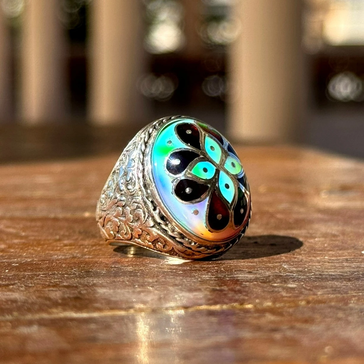 Kakma Telkari İşçilikli Opal Taşlı 925 Ayar Gümüş Yüzük 