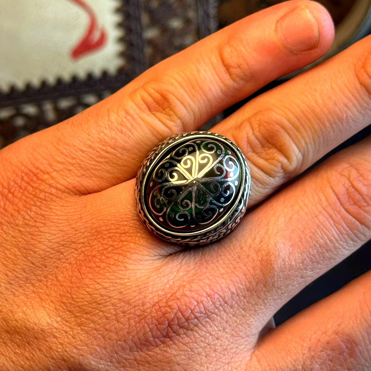 Telkari İşçilikli Siyah Opal Taşlı 925 Ayar Gümüş Yüzük