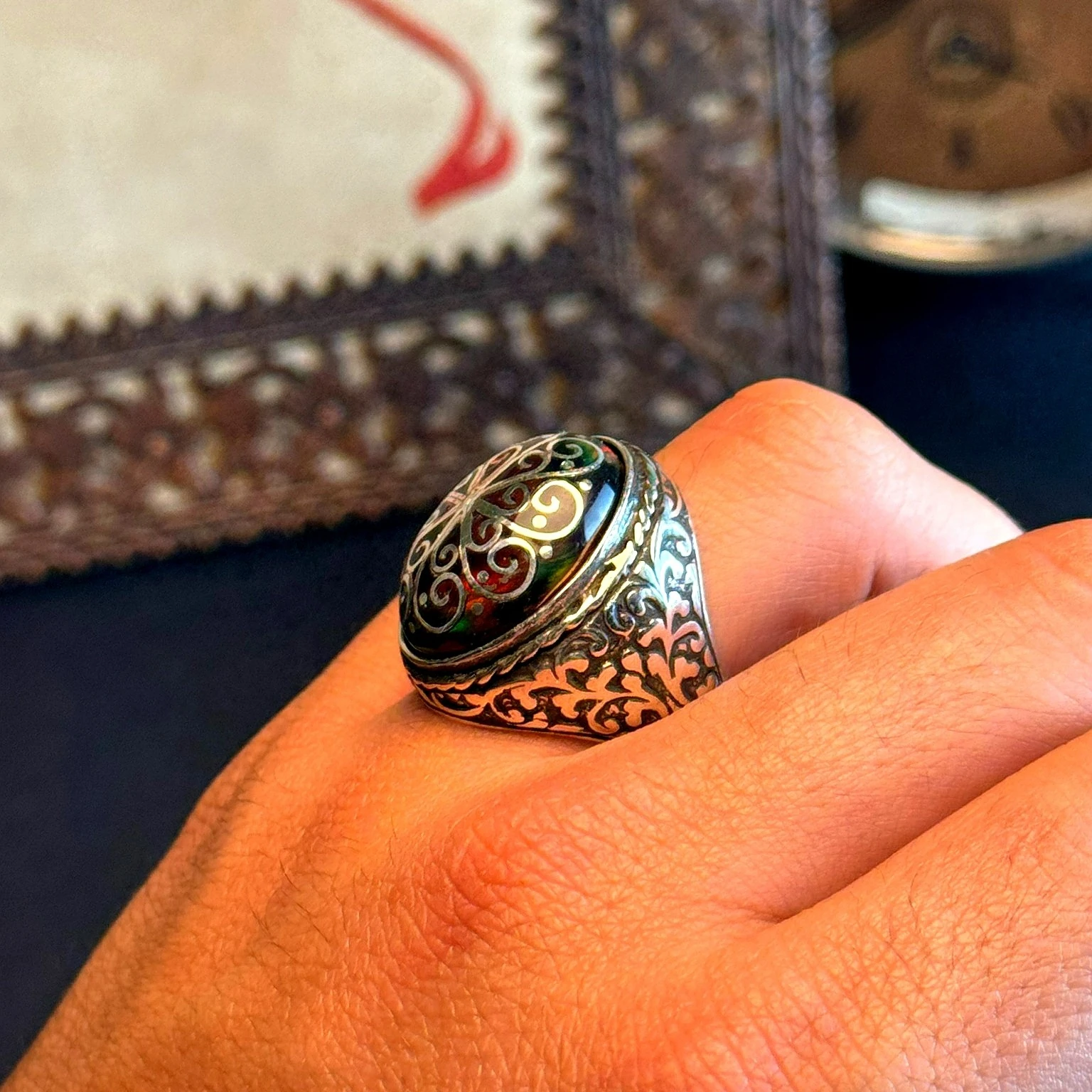 Telkari İşçilikli Siyah Opal Taşlı 925 Ayar Gümüş Yüzük