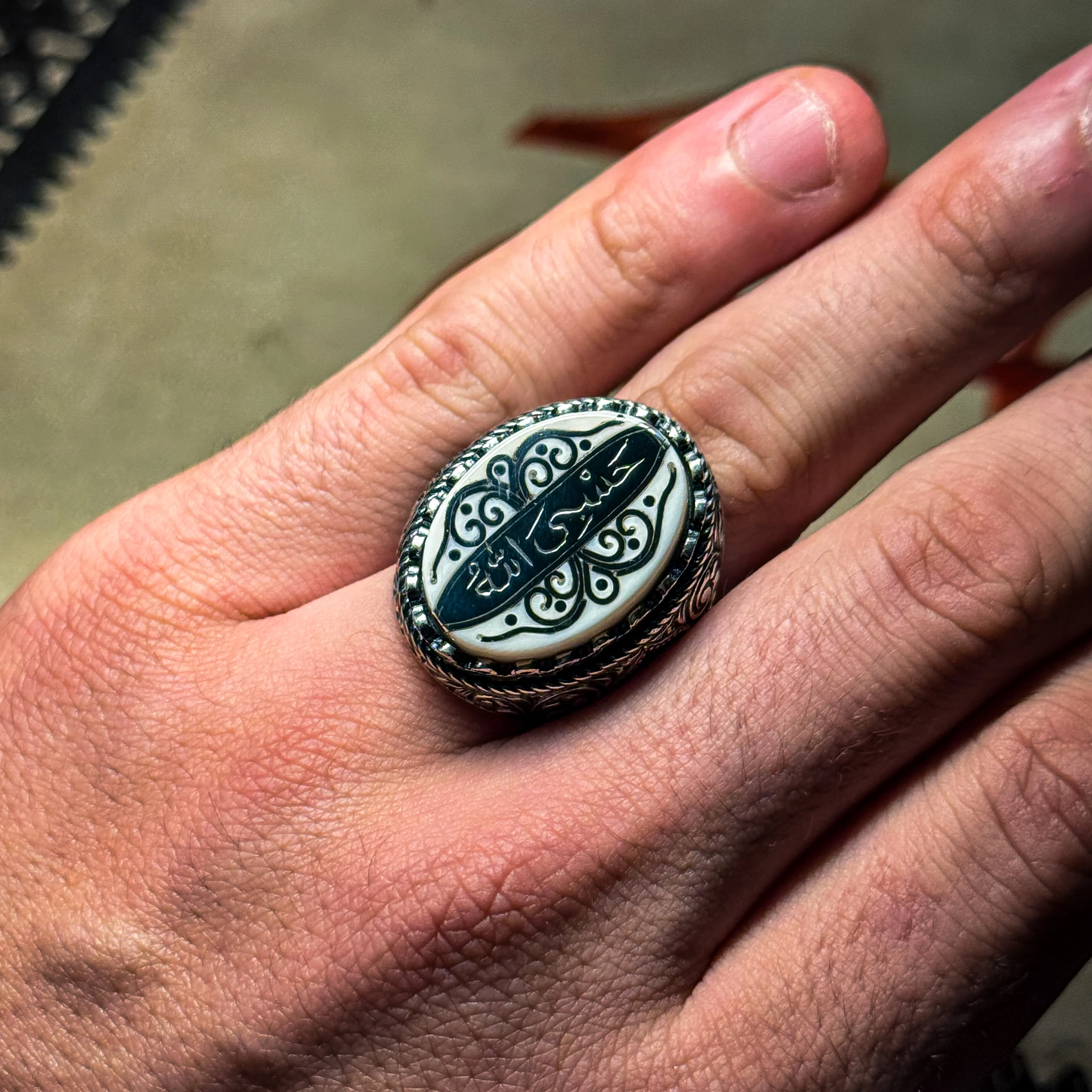 Hasbiyallah Yazılı Kalem ve Telkari İşçilikli 925 Ayar Gümüş Yüzük