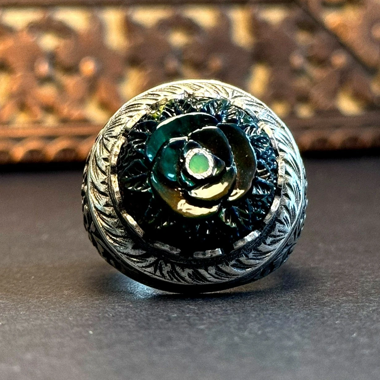 Siyah Opal Oyma Nakkaş İşçiliği 925 Ayar Gümüş Yüzük