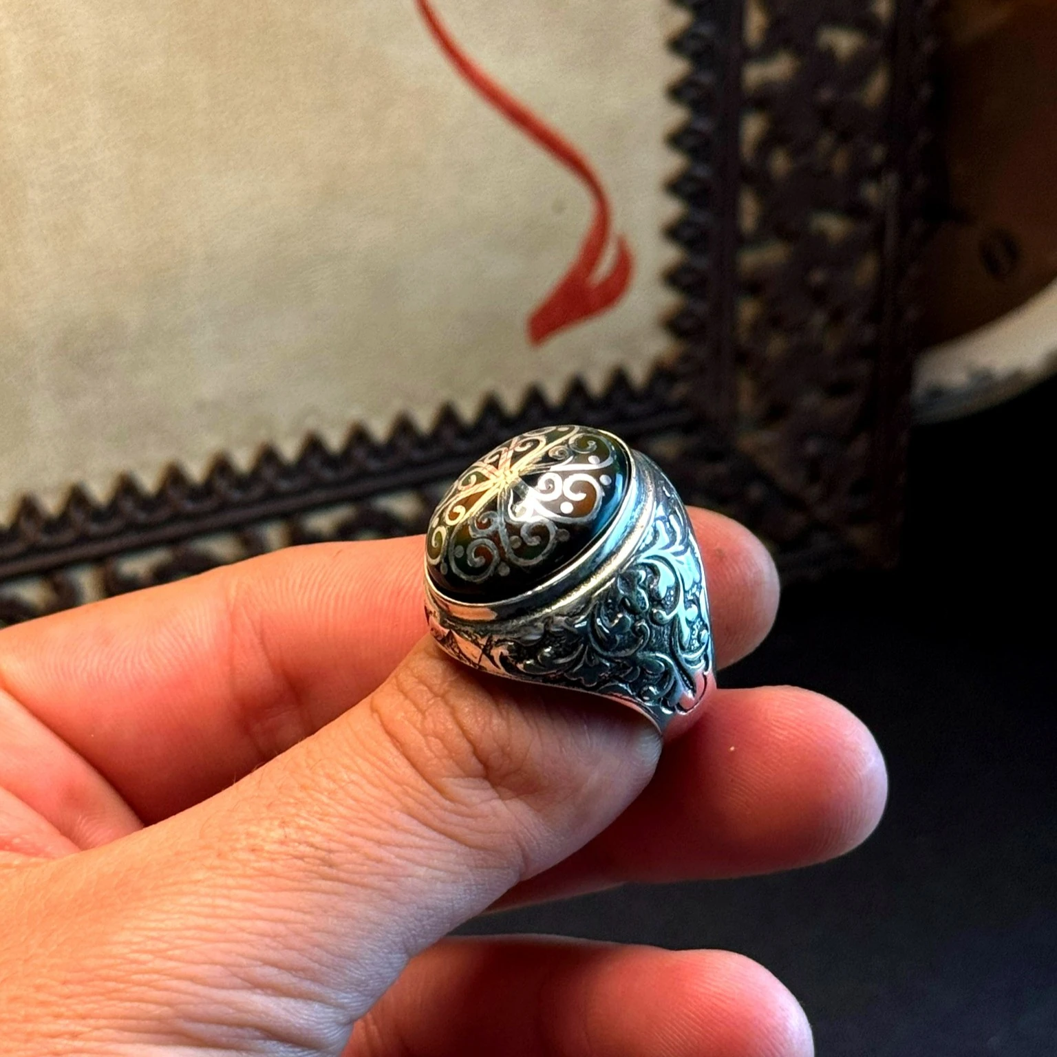 Siyah Opal Taşlı Telkari İşcilikli 925 Ayar Gümüş Yüzük