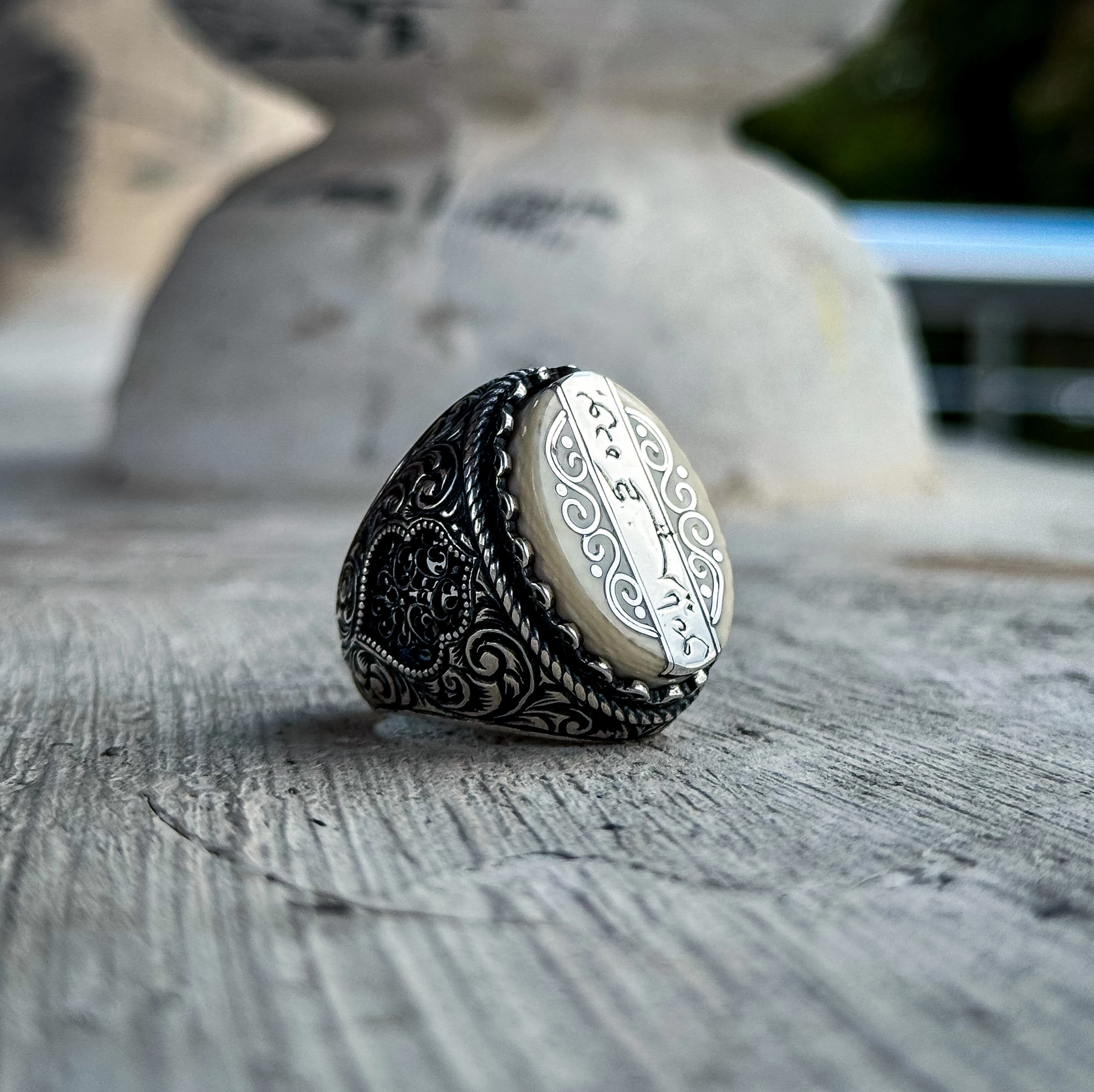 Bu Da Geçer Ya Hu Yazılı Kalem ve Telkari İşçilikli 925 Ayar Gümüş Yüzük