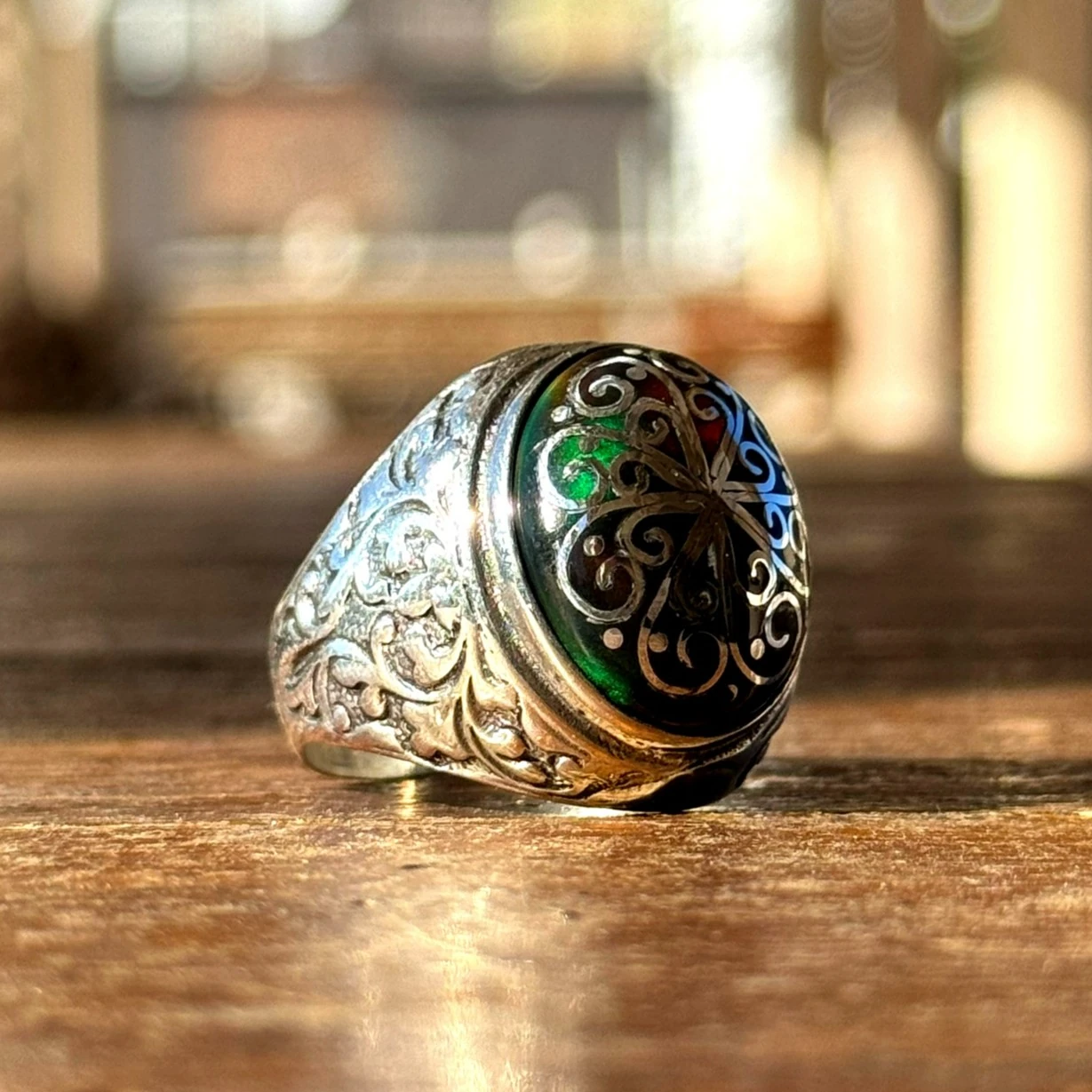 Siyah Opal Taşlı Telkari İşcilikli 925 Ayar Gümüş Yüzük