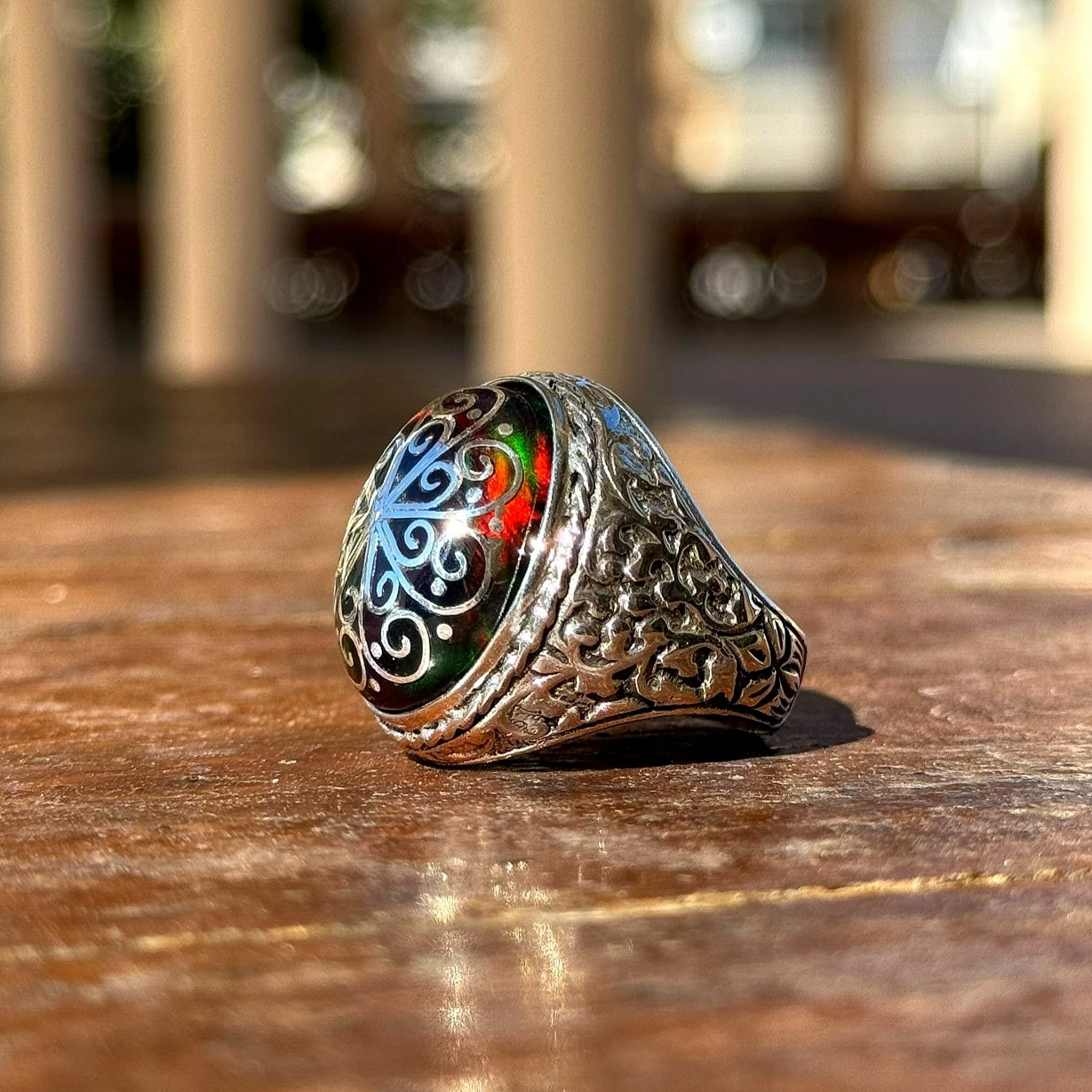 Telkari İşçilikli Siyah Opal Taşlı 925 Ayar Gümüş Yüzük