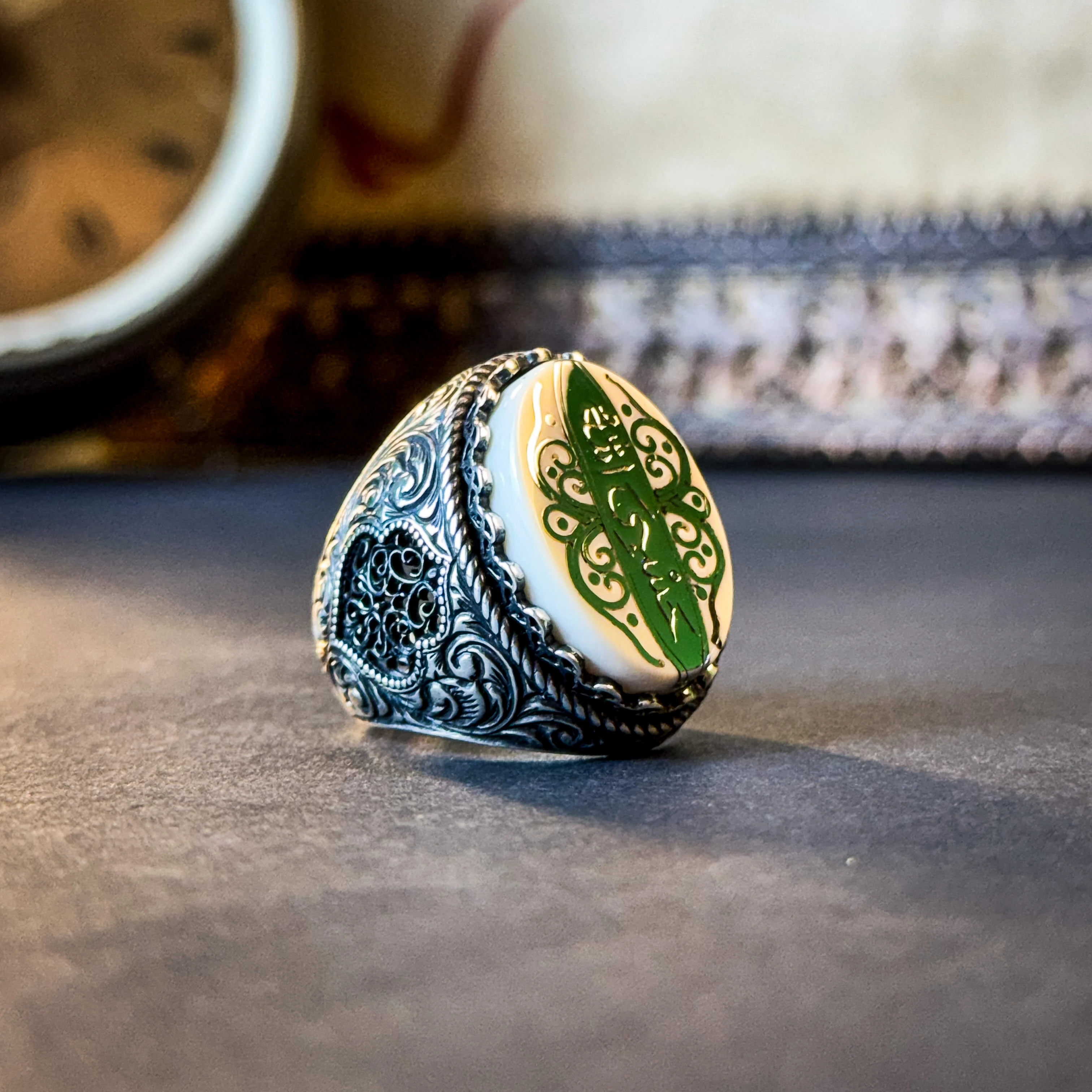 Hasbiyallah Yazılı Kalem ve Telkari İşçilikli 925 Ayar Gümüş Yüzük