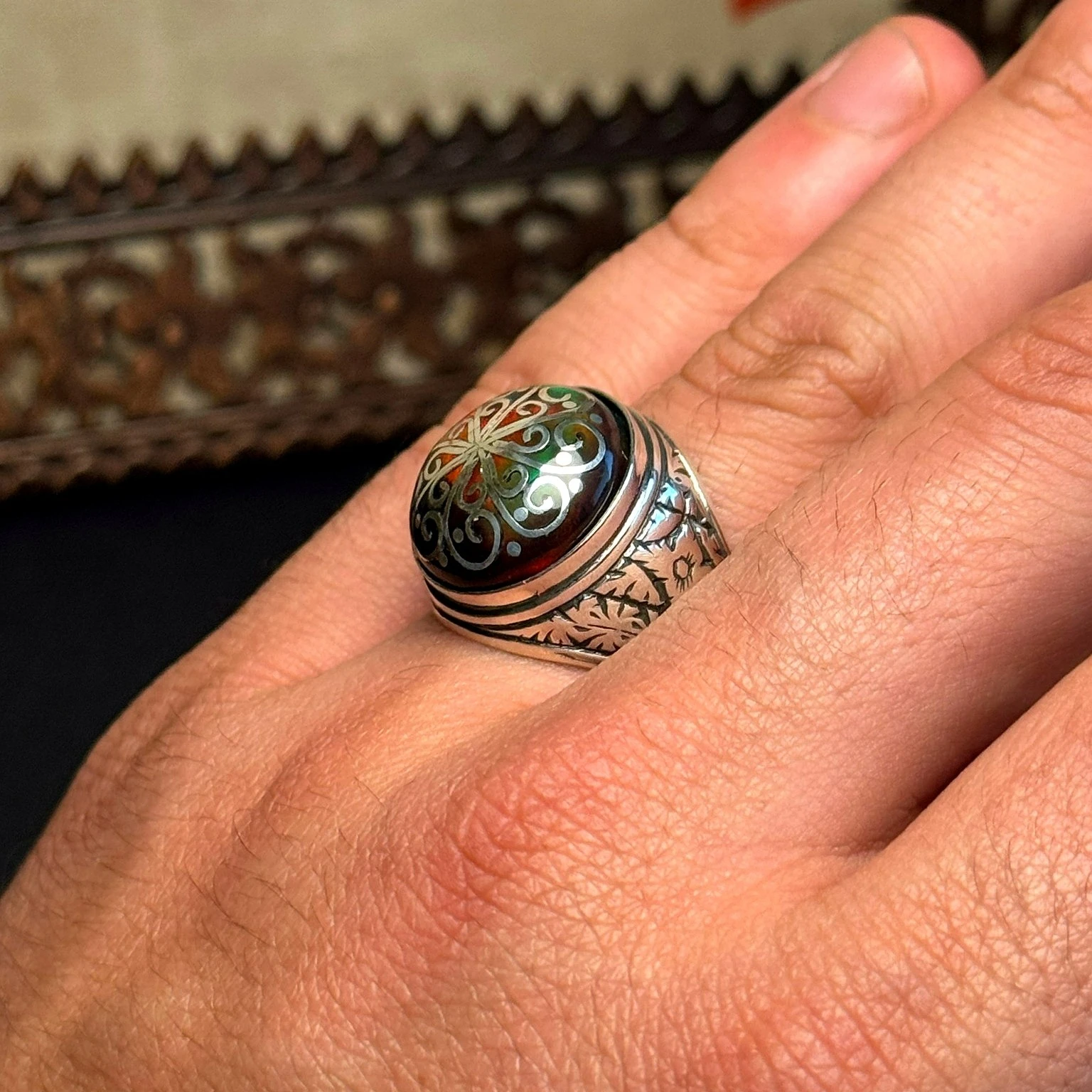 Siyah Opal Telkari İşcilikli 925 Ayar Gümüş Yüzük